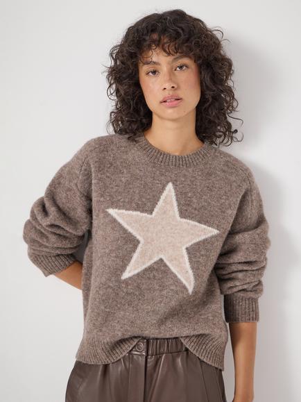 HUSH Wool Blend Star Crew Neck Jumper, Brown Rice