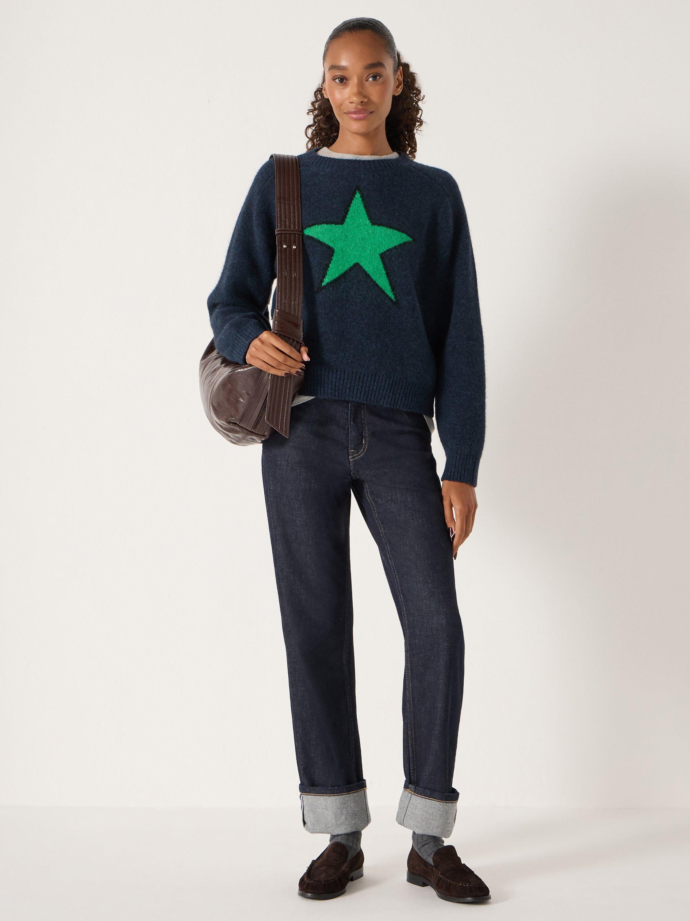 Product image 1 of 5, which shows HUSH Wool Blend Star Crew Neck Jumper, Navy Blue/ Green, M-L