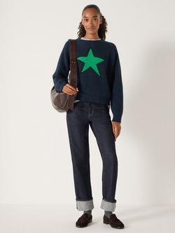 HUSH Wool Blend Star Crew Neck Jumper, Navy Blue/ Green