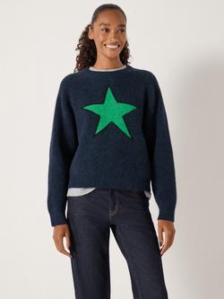 HUSH Wool Blend Star Crew Neck Jumper - view 2, Navy Blue/ Green