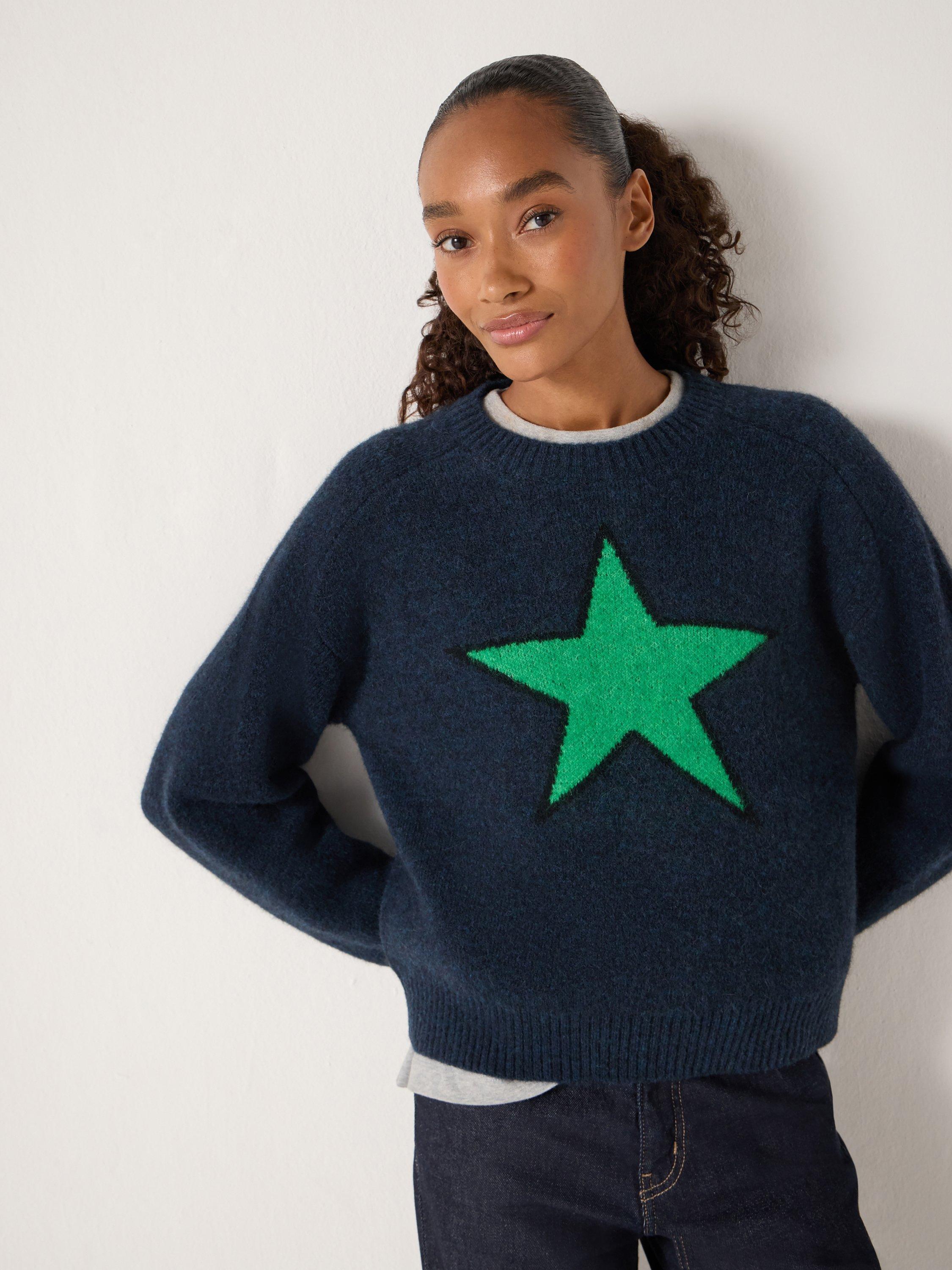 Product image 3 of 5, which shows HUSH Wool Blend Star Crew Neck Jumper, Navy Blue/ Green, M-L