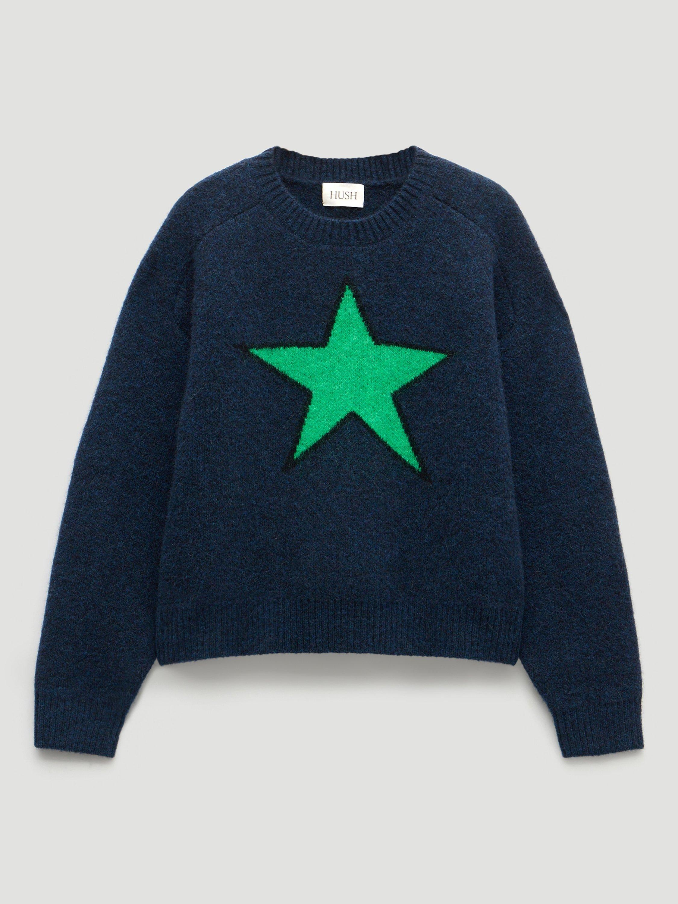 Product image 4 of 5, which shows HUSH Wool Blend Star Crew Neck Jumper, Navy Blue/ Green, M-L
