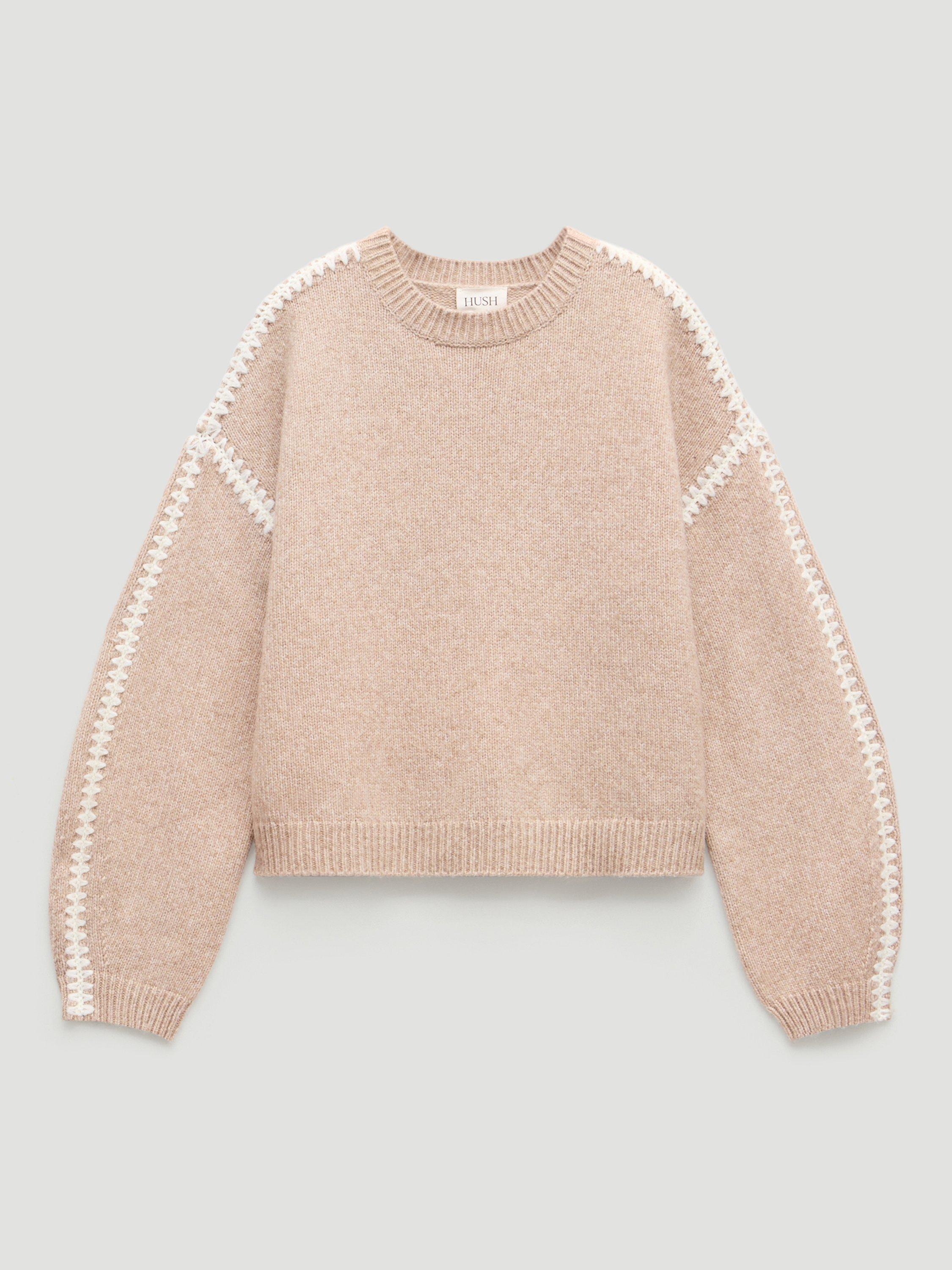 Product image 4 of 6, which shows HUSH Whitney Whipstitch Knitted Jumper, Stone White, L-XL