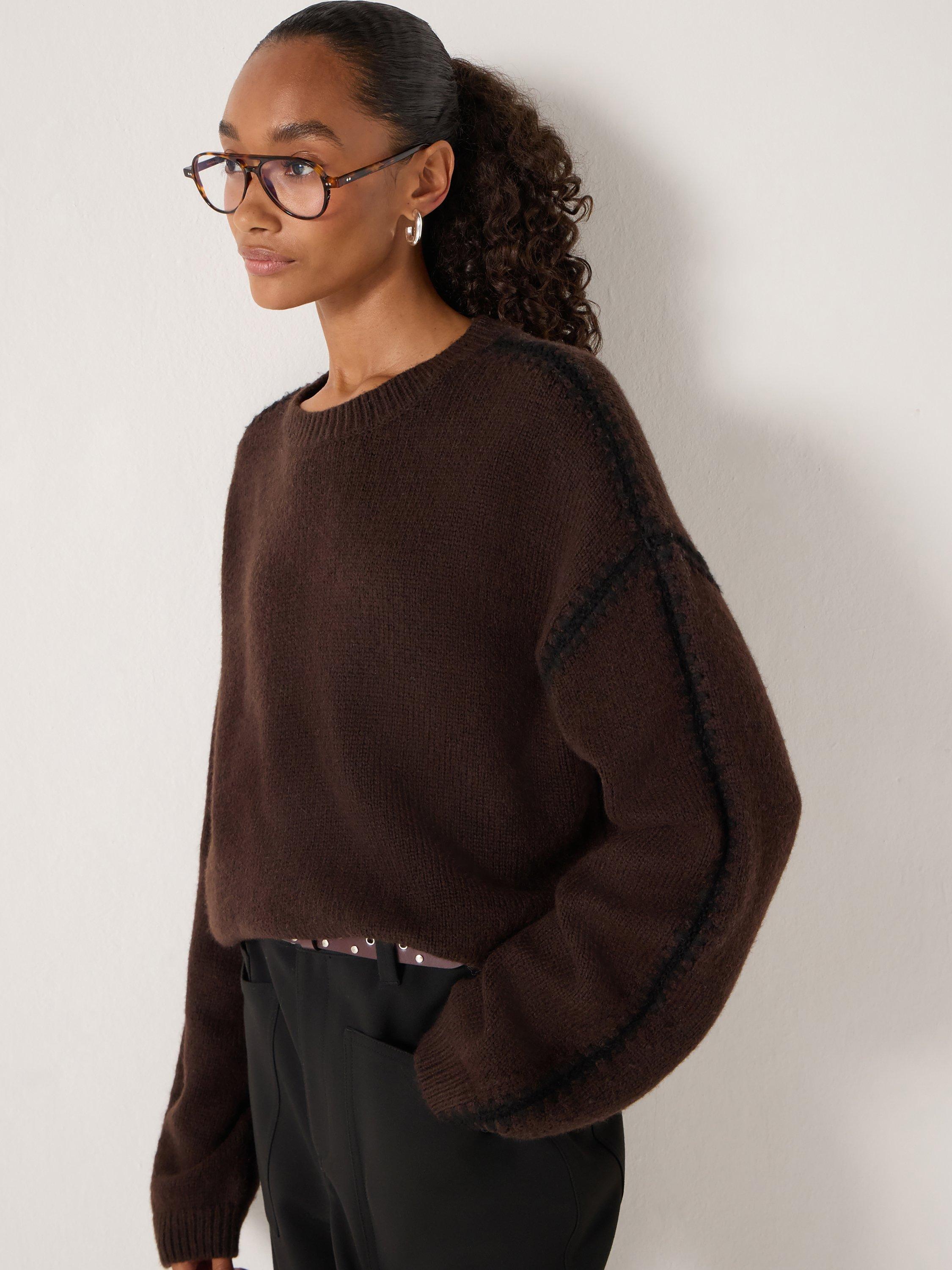 Product image 1 of 4, which shows HUSH Whitney Whipstitch Knitted Jumper, Dark Brown, M/L