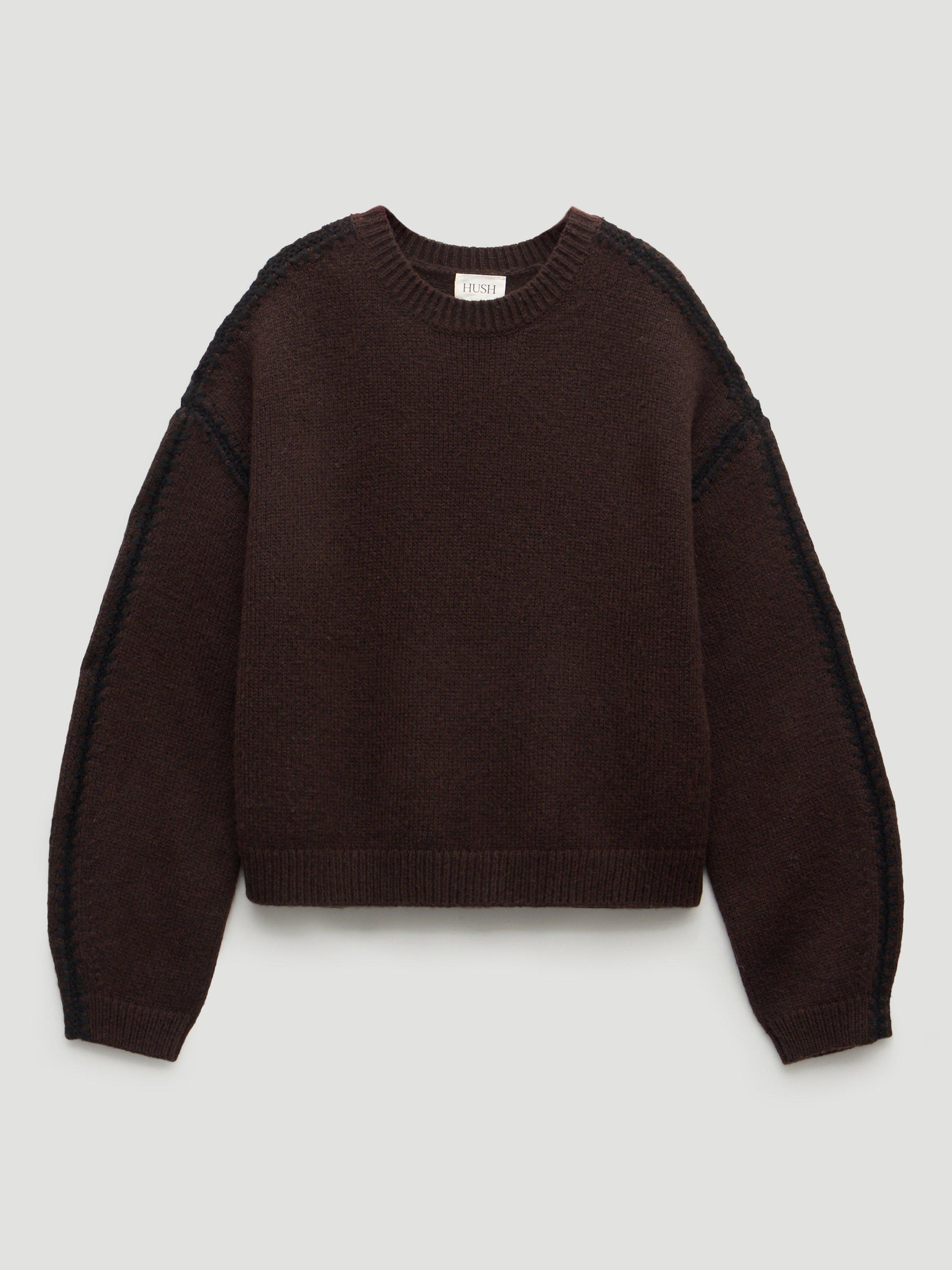 Product image 3 of 4, which shows HUSH Whitney Whipstitch Knitted Jumper, Dark Brown, M/L