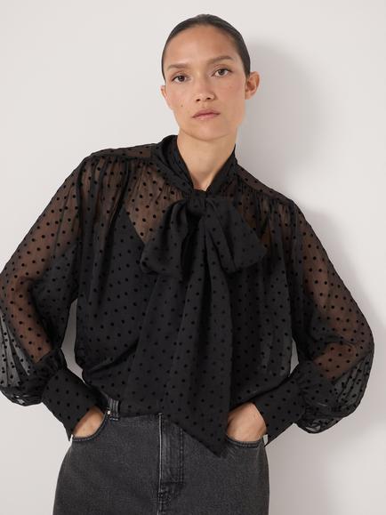HUSH Long Sleeve Polka Dot Blouse, Black, Black