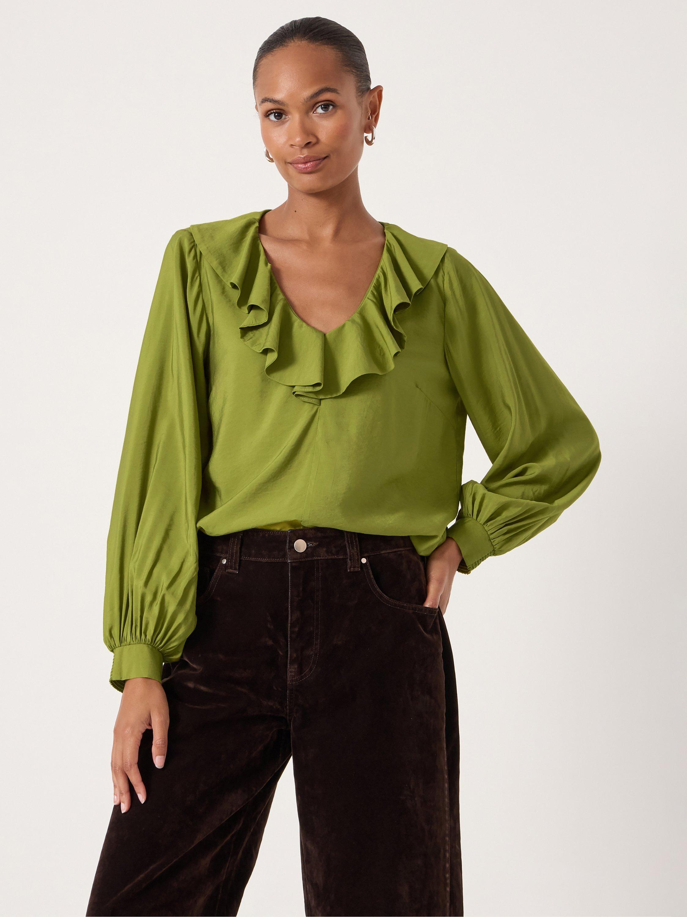 Product image 2 of 4, which shows HUSH Ruffle Neck Top, Light Olive Green, XXS