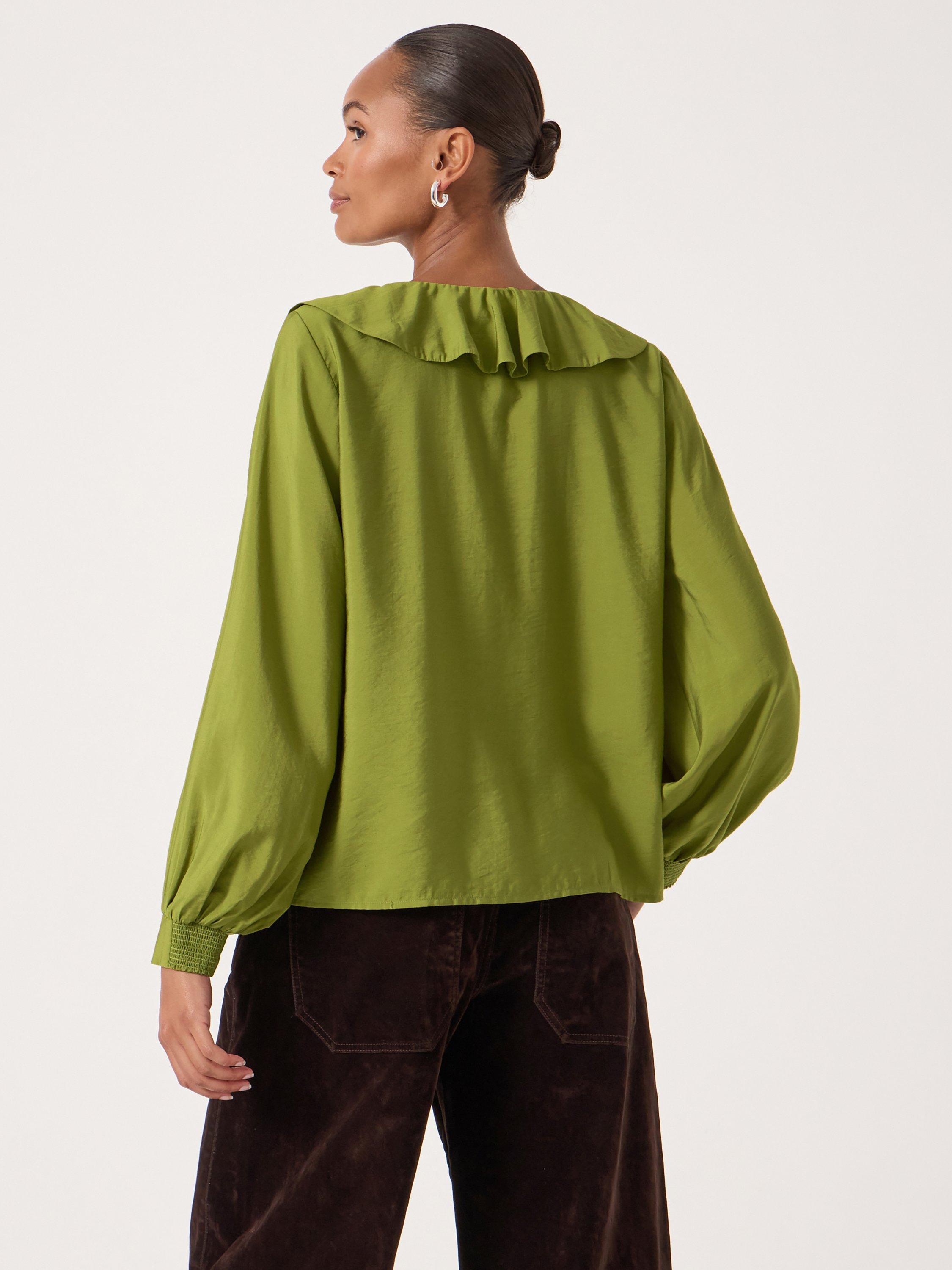 Product image 3 of 4, which shows HUSH Ruffle Neck Top, Light Olive Green, XXS
