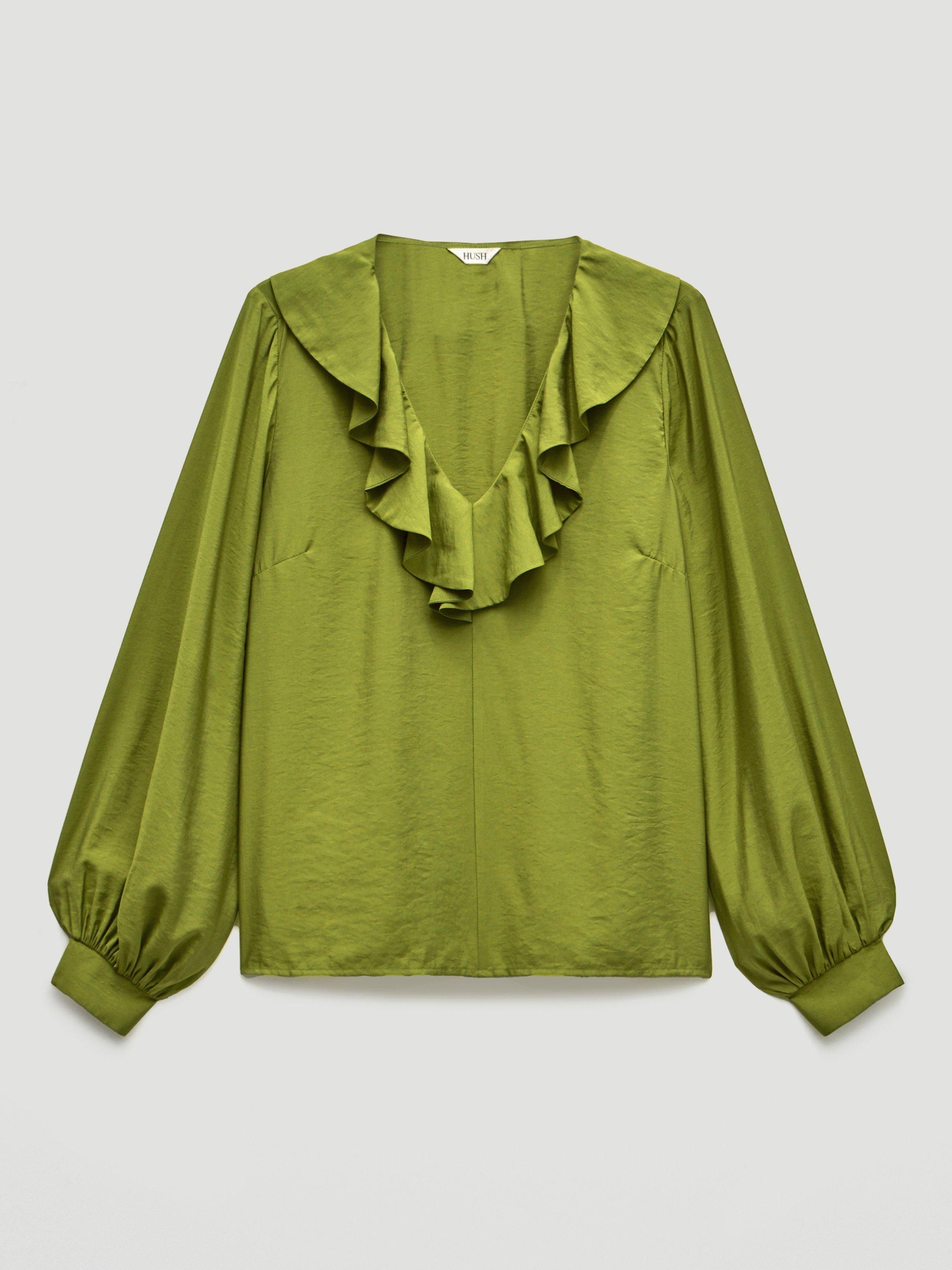 Product image 4 of 4, which shows HUSH Ruffle Neck Top, Light Olive Green, XXS