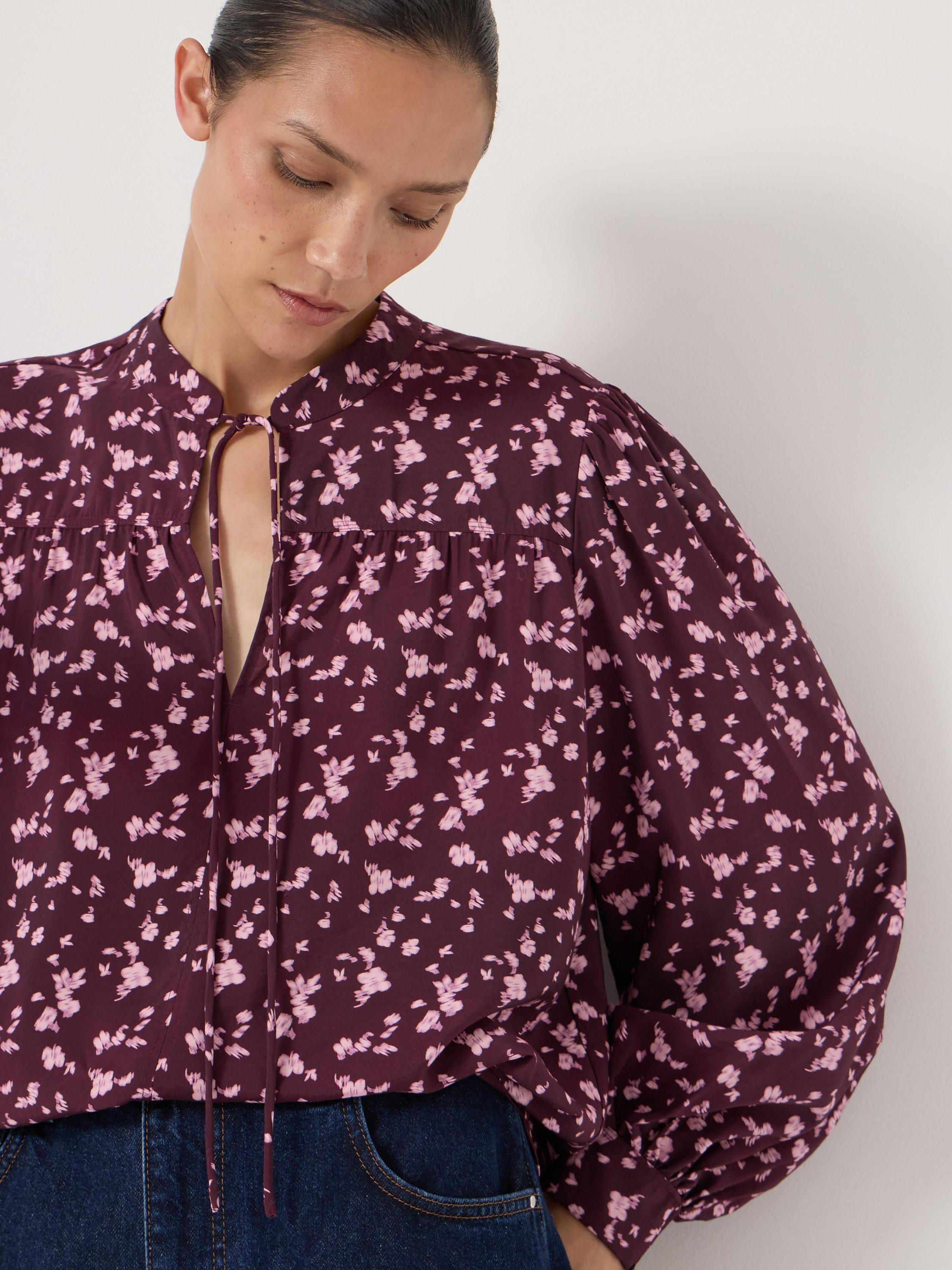Product image 3 of 5, which shows HUSH V Neck Floral Print Blouse, Purple, XS-S