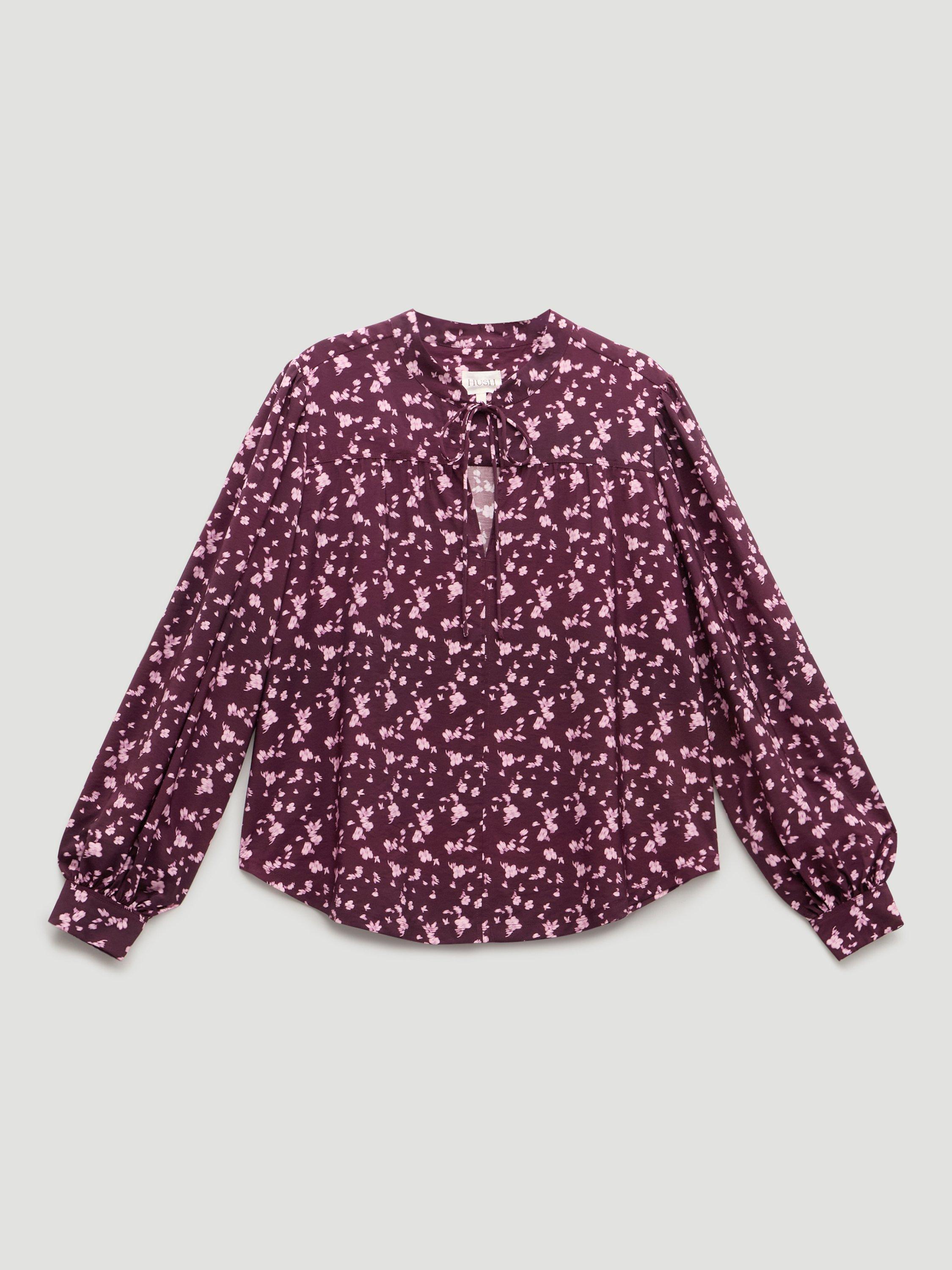 Product image 4 of 5, which shows HUSH V Neck Floral Print Blouse, Purple, XS-S
