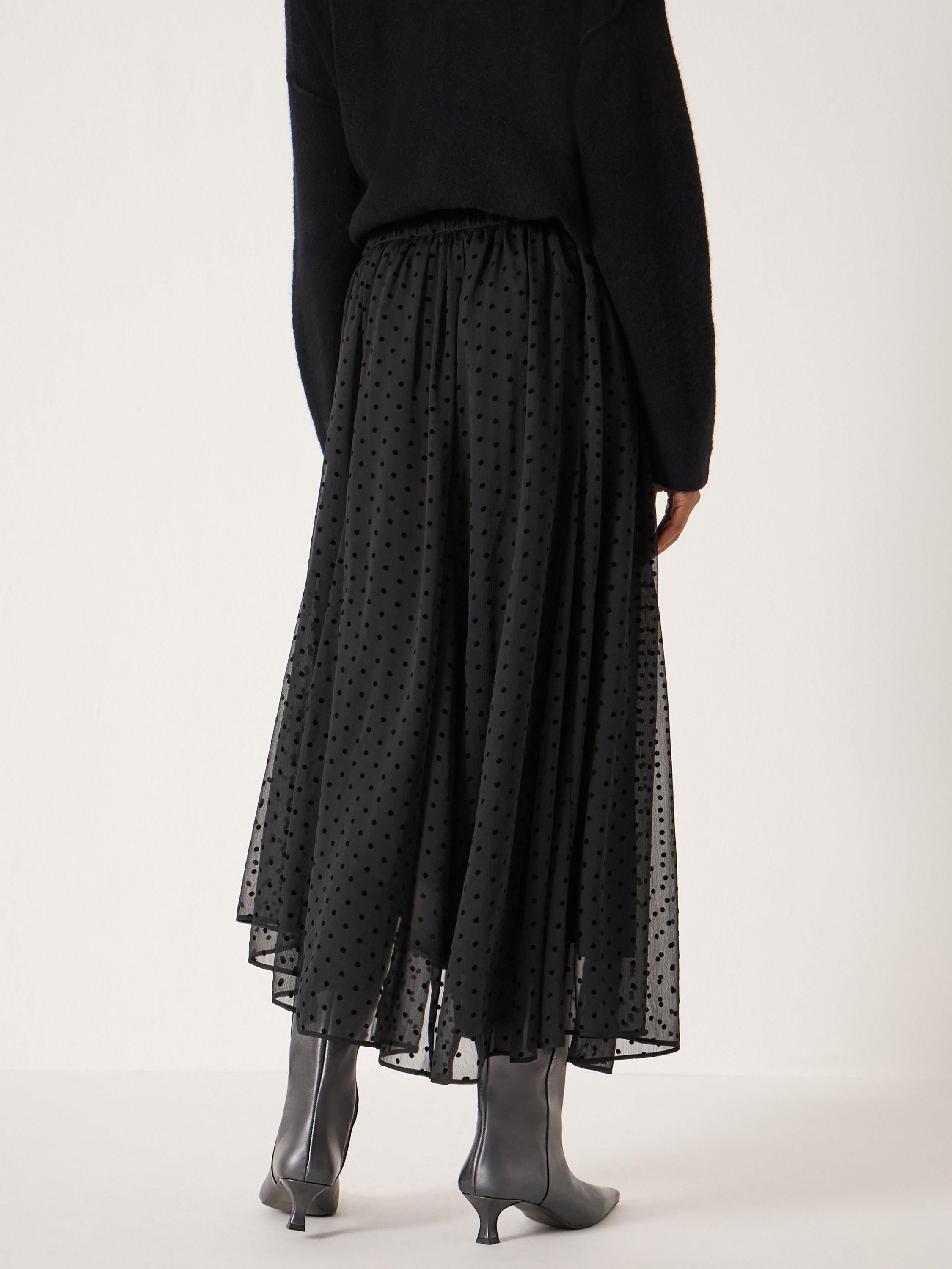 Product image 5 of 5, which shows HUSH Asymmetric Polka Dot Midi Skirt, Black, L