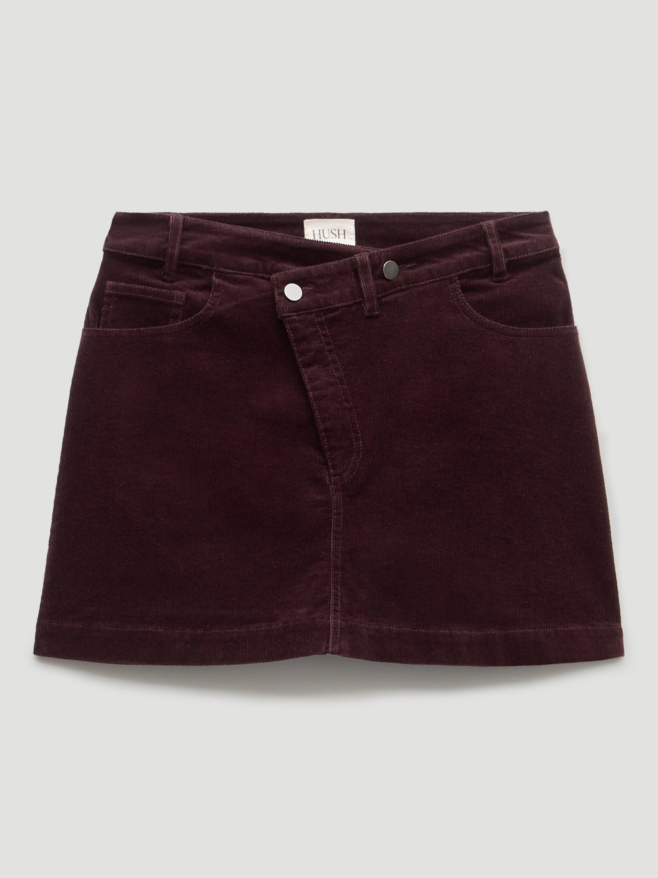 Product image 4 of 5, which shows HUSH Corduroy Mini Skirt, Burgundy Purple, 10