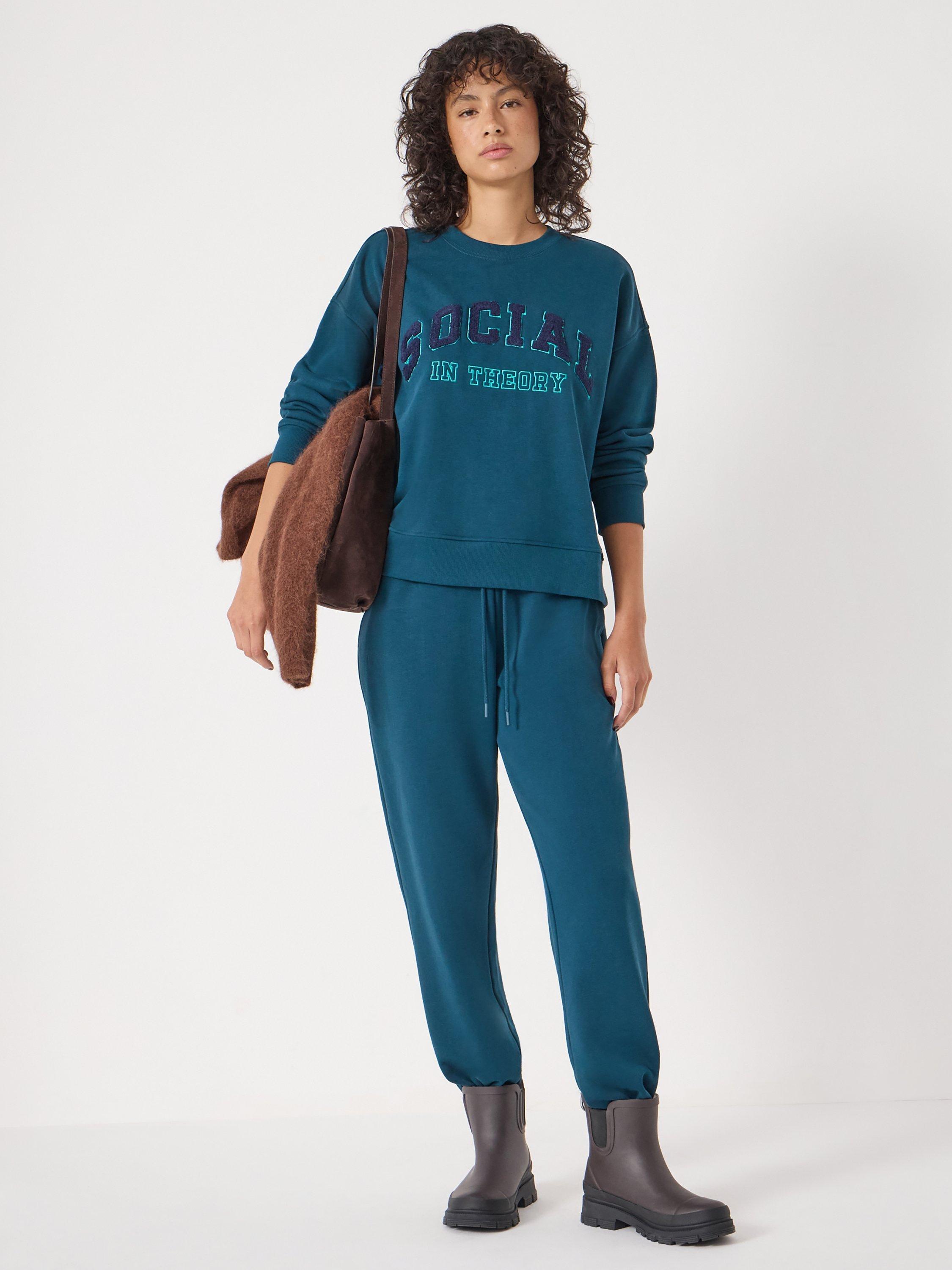 Product image 1 of 5, which shows HUSH Cotton Graphic Crew Neck Jumper, Teal Blue, XS-S