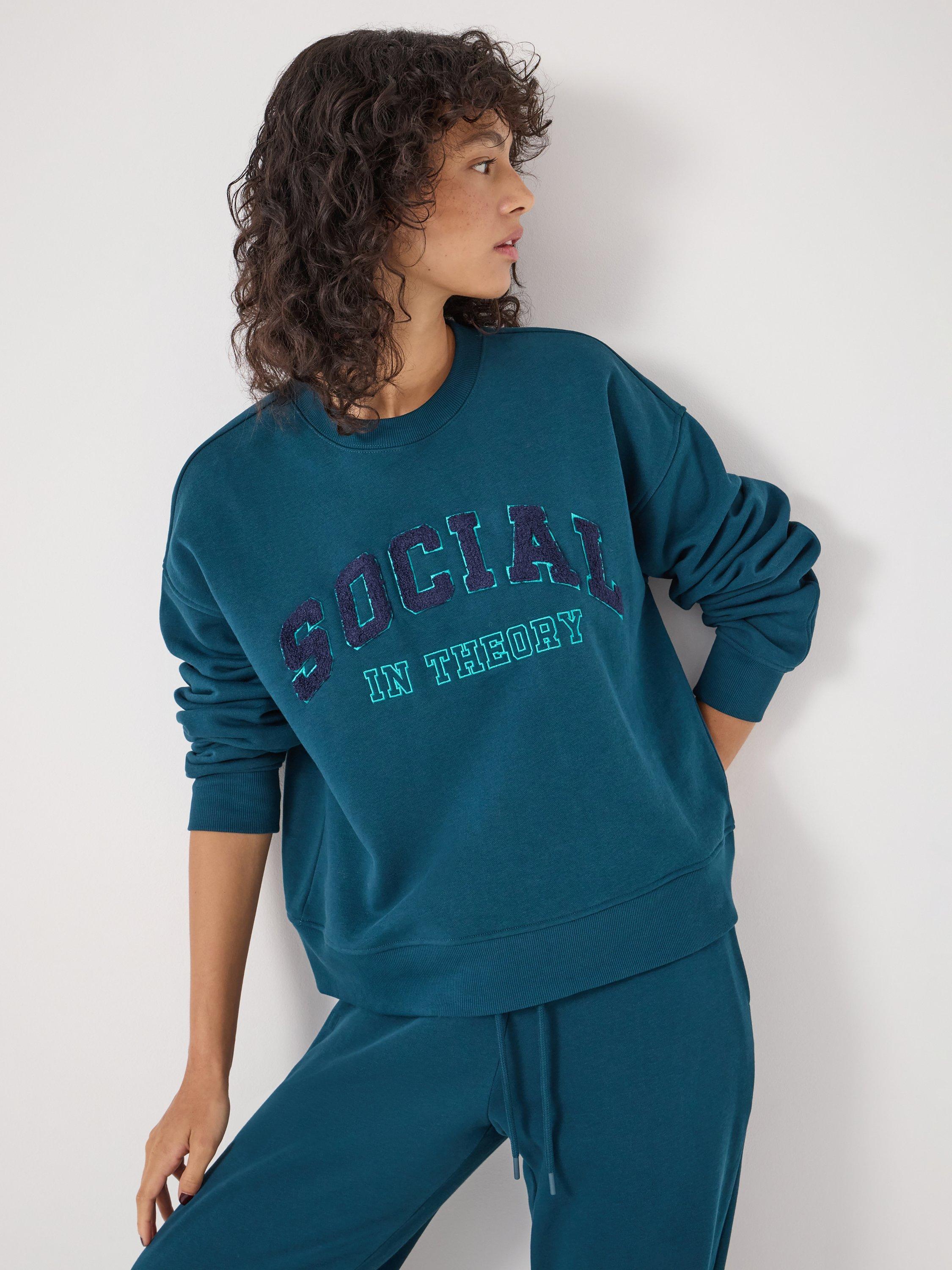 Product image 3 of 5, which shows HUSH Cotton Graphic Crew Neck Jumper, Teal Blue, XS-S