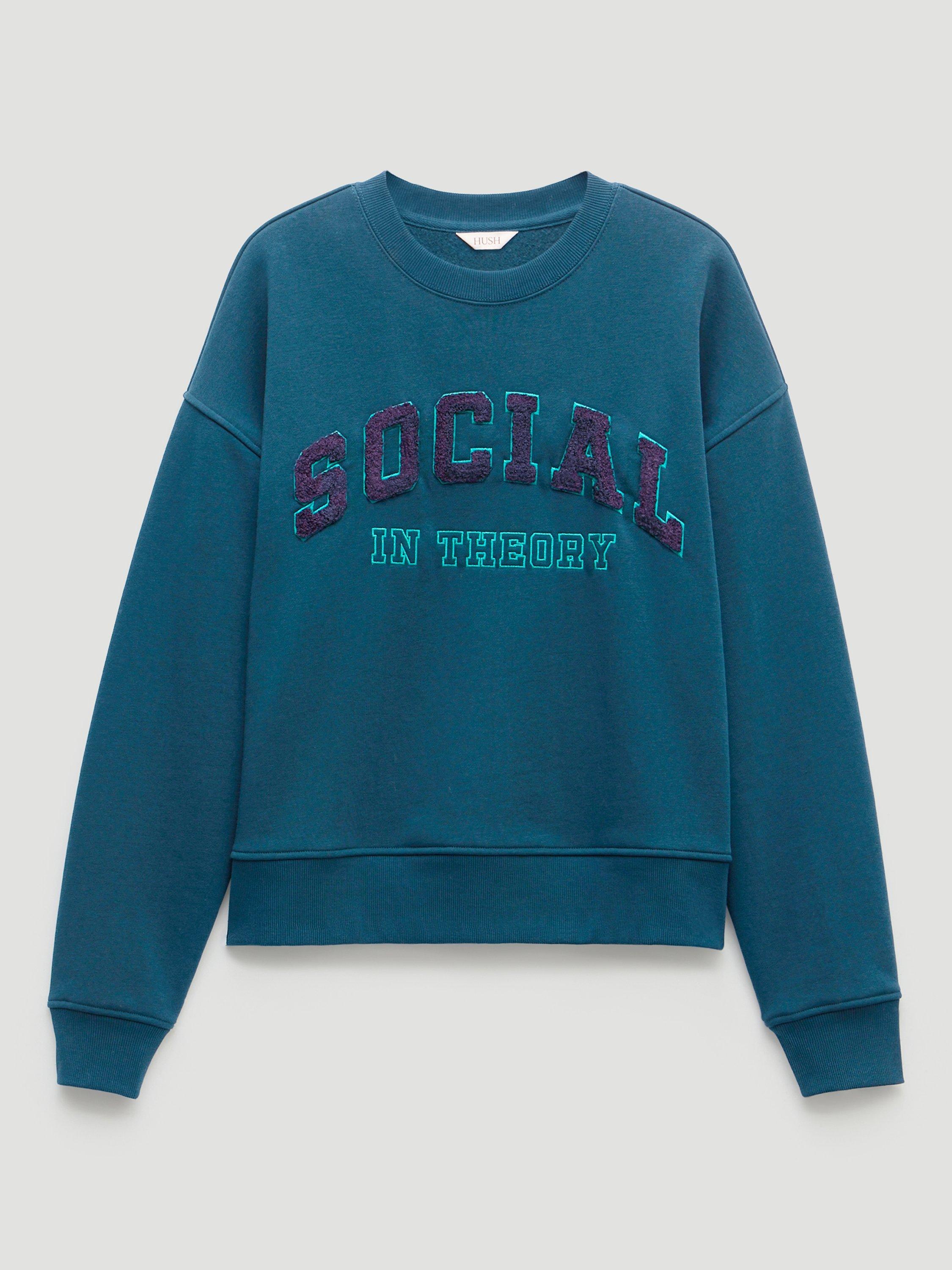 Product image 4 of 5, which shows HUSH Cotton Graphic Crew Neck Jumper, Teal Blue, XS-S