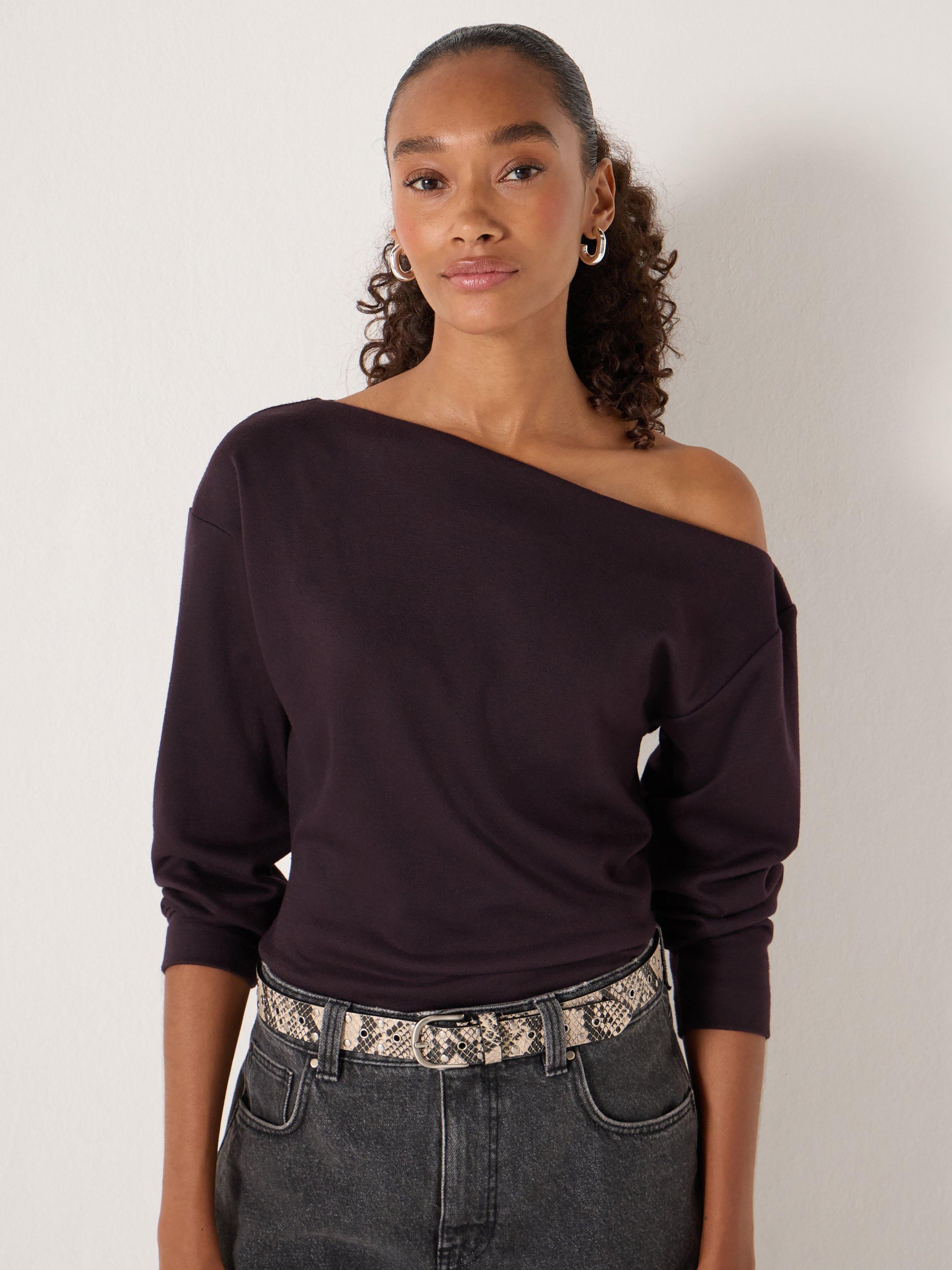 Product image 3 of 4, which shows HUSH Cotton Asymmetric Neck Blouse, Burgundy Purple, L