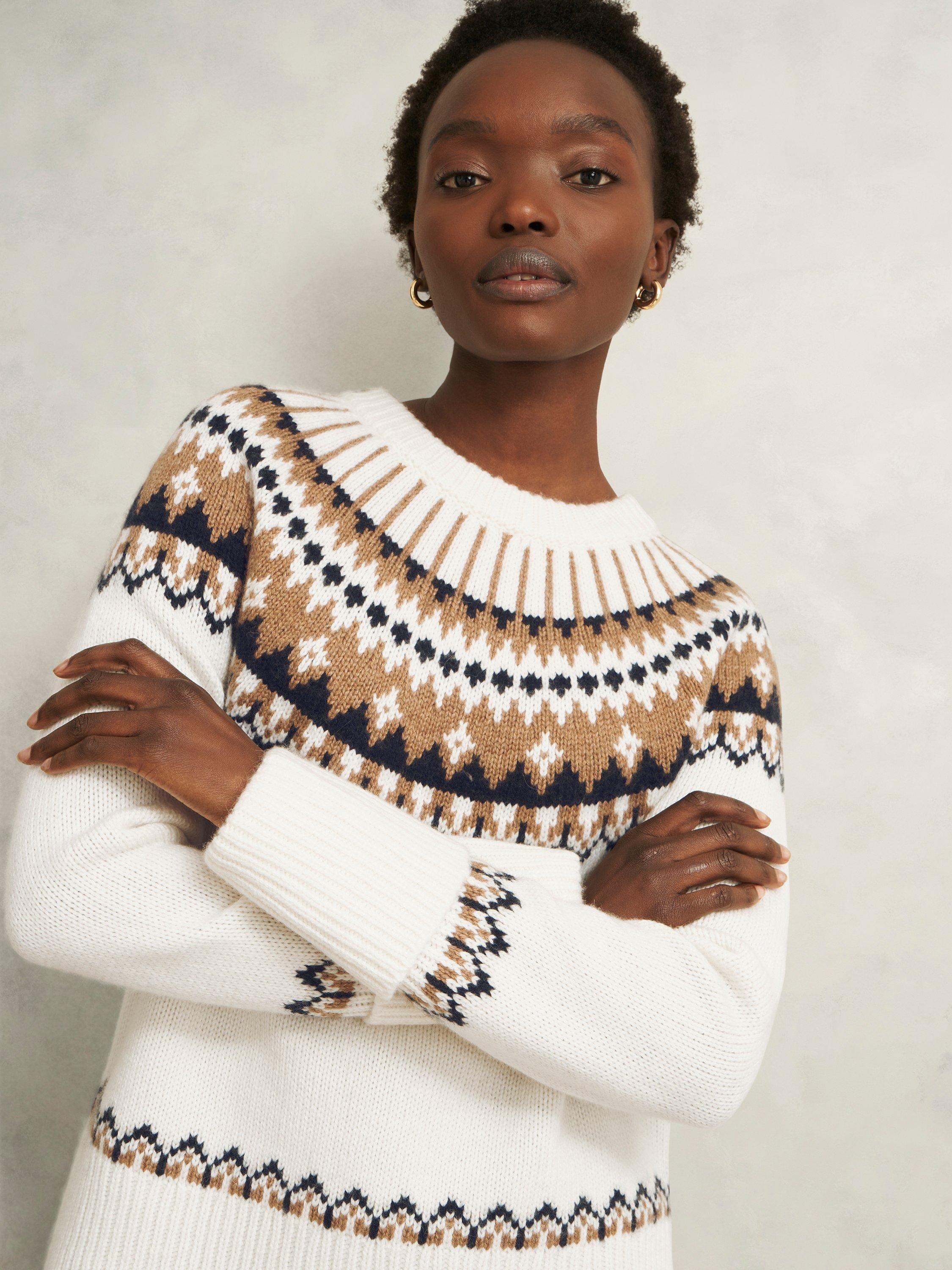 Product image 3 of 6, which shows Hobbs Anya Fair Isle Wool Blend Jumper, Ivory/Camel, S