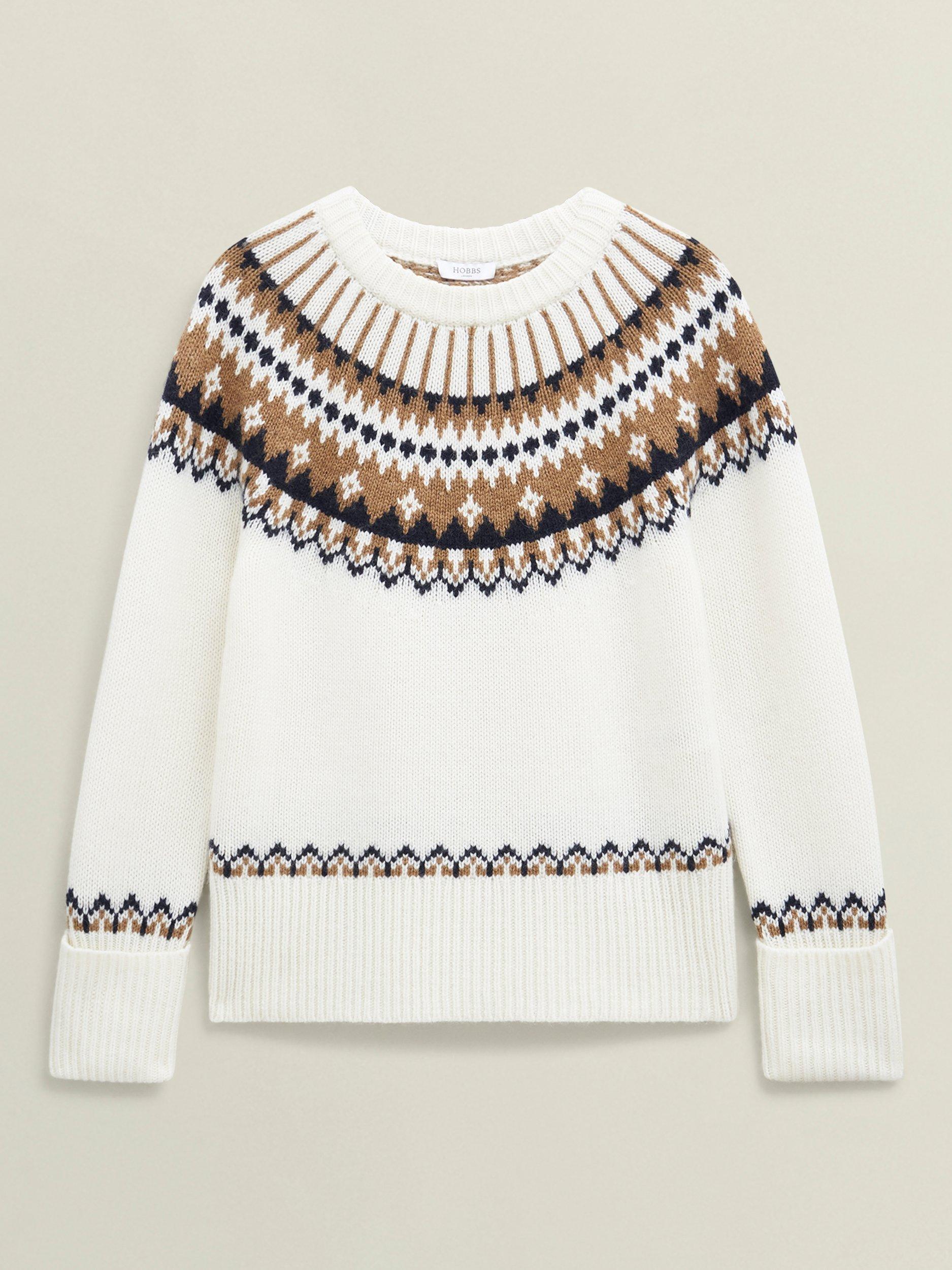 Product image 4 of 6, which shows Hobbs Anya Fair Isle Wool Blend Jumper, Ivory/Camel, S
