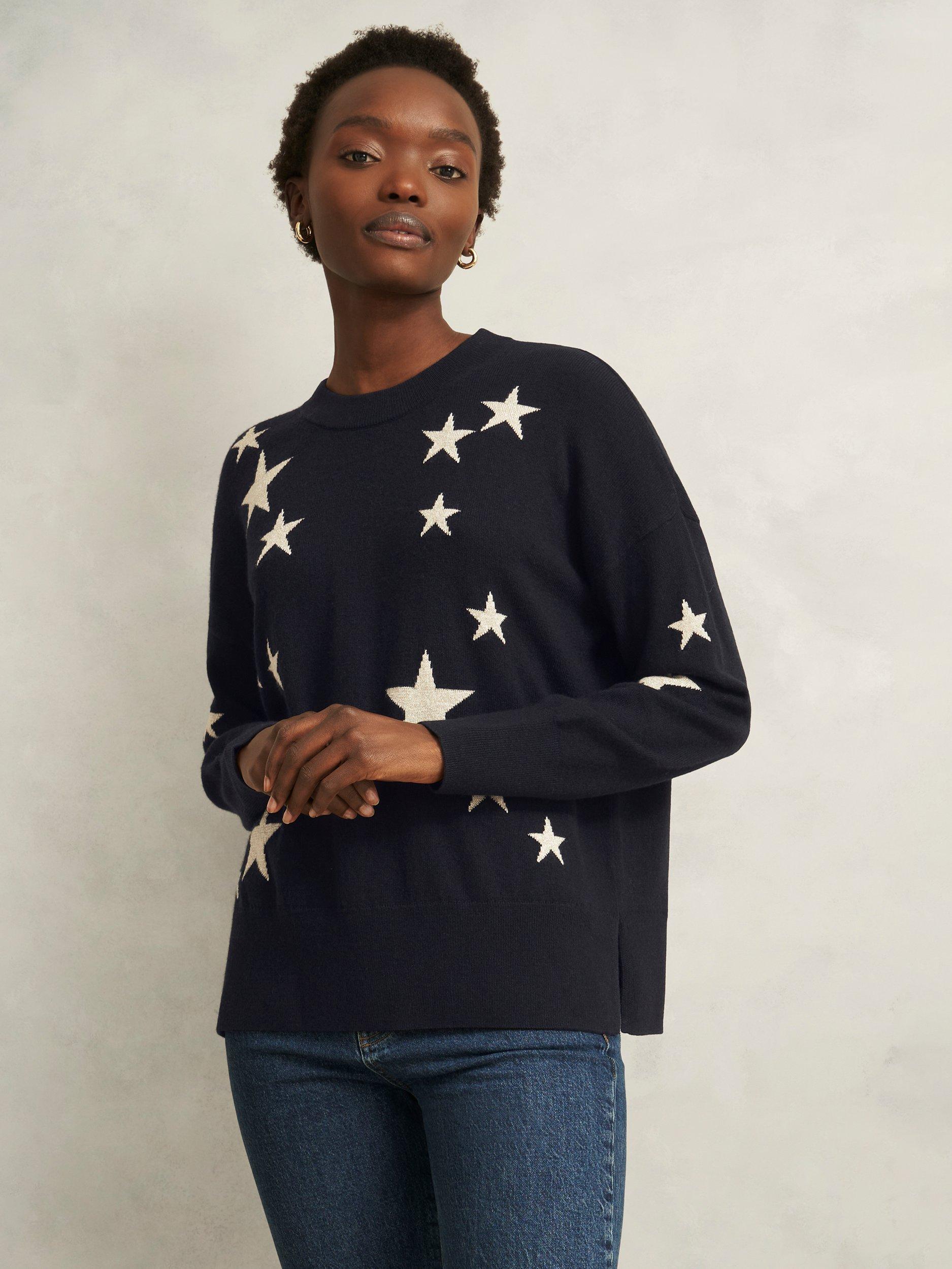 Product image 1 of 6, which shows Hobbs Arnelle Star Wool Blend Jumper, Navy/Silver, L