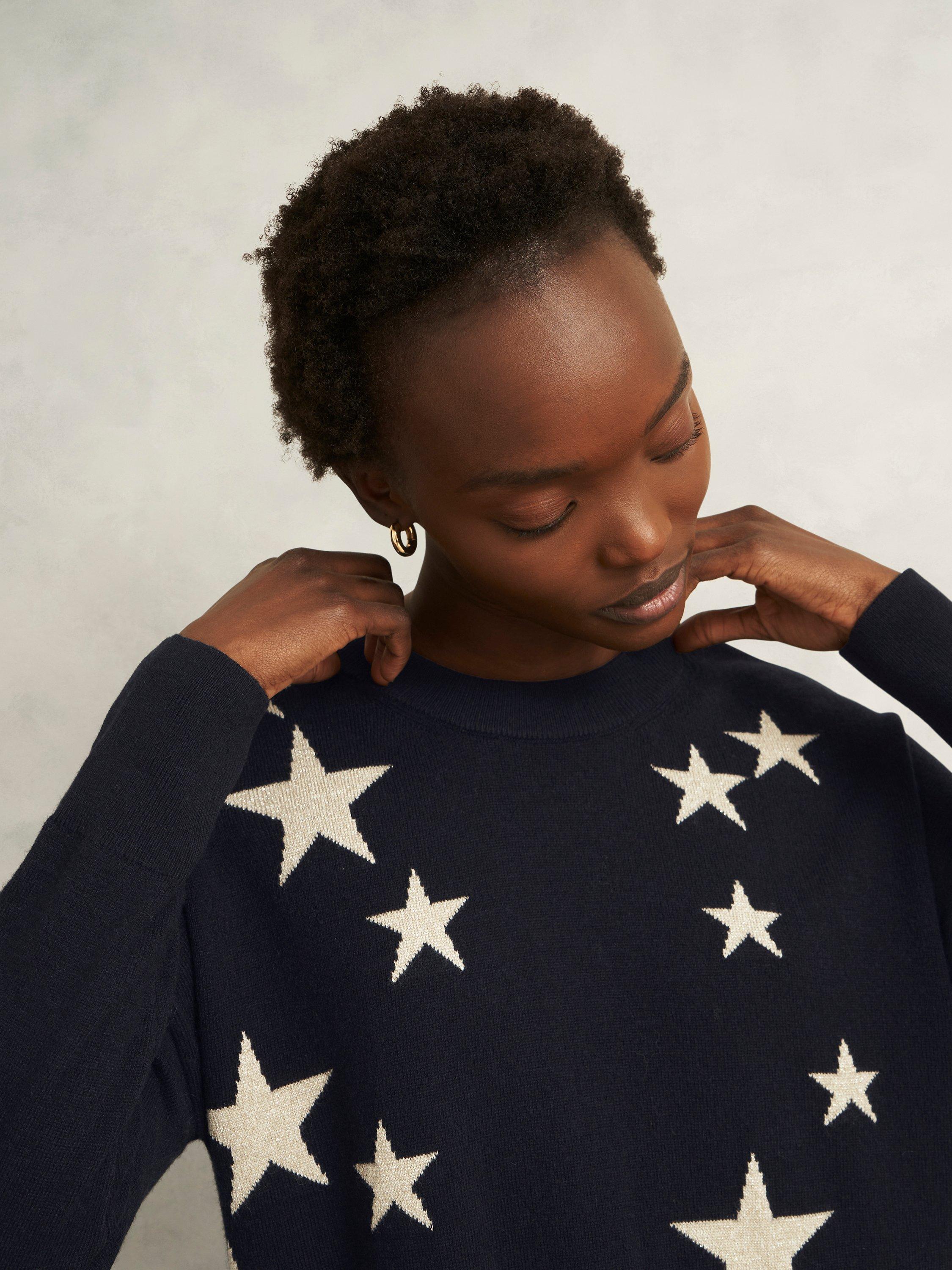 Product image 3 of 6, which shows Hobbs Arnelle Star Wool Blend Jumper, Navy/Silver, L