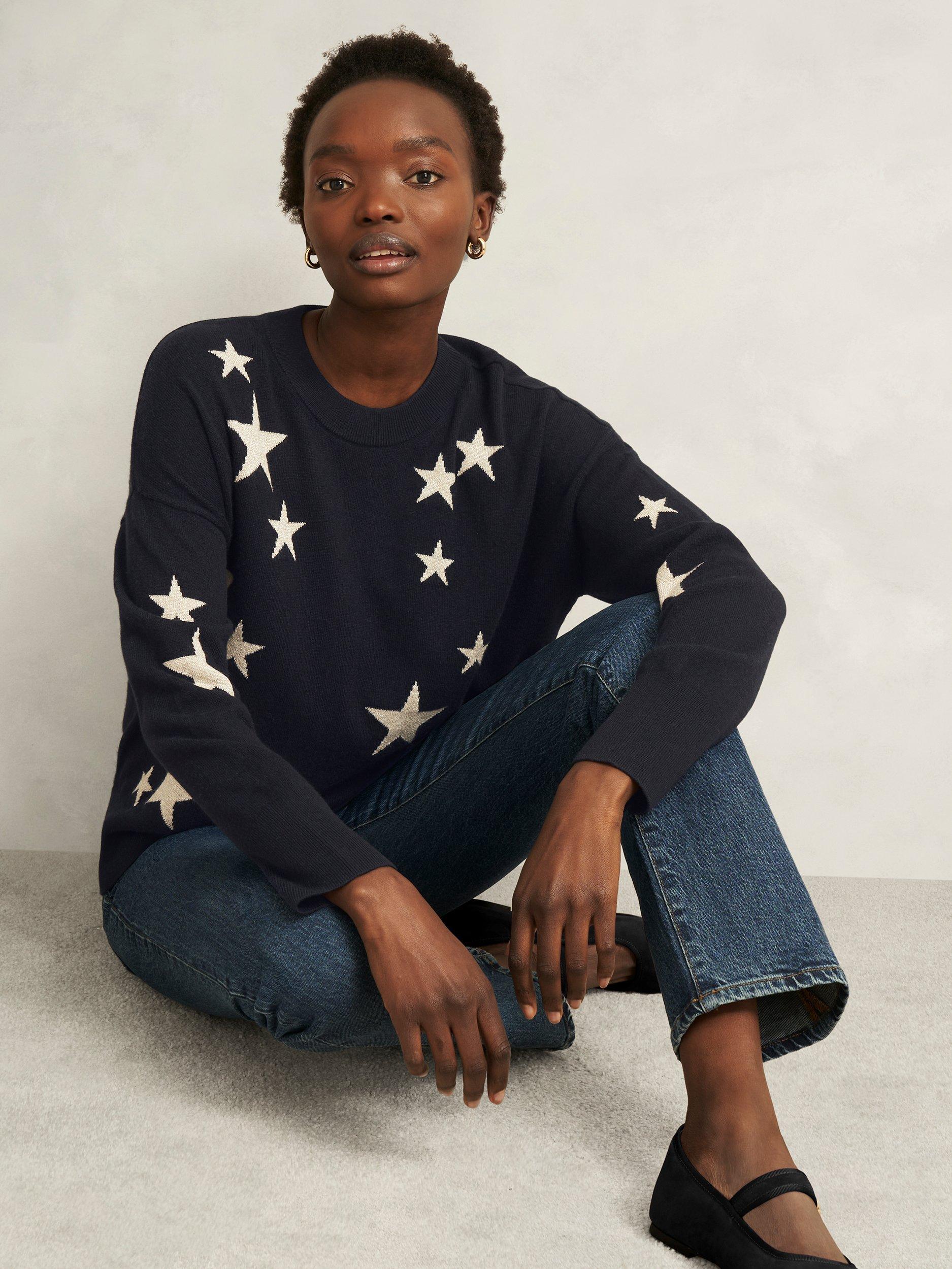 Product image 5 of 6, which shows Hobbs Arnelle Star Wool Blend Jumper, Navy/Silver, L