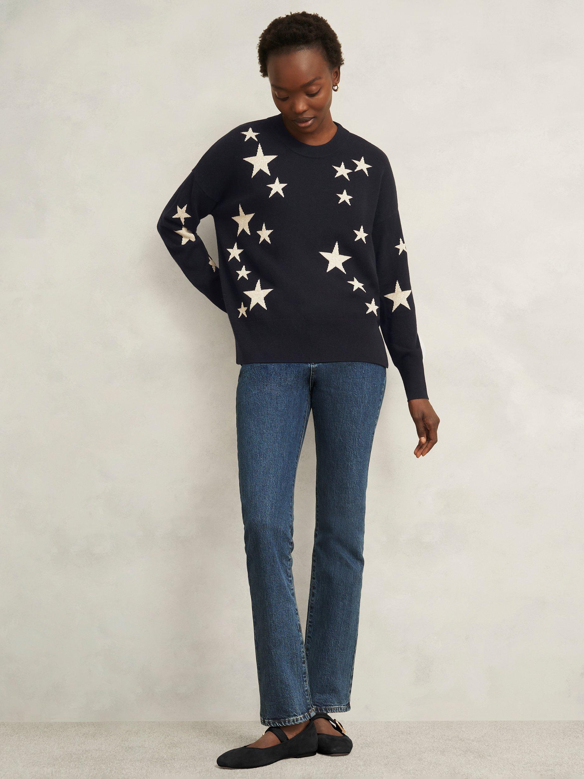Product image 6 of 6, which shows Hobbs Arnelle Star Wool Blend Jumper, Navy/Silver, L