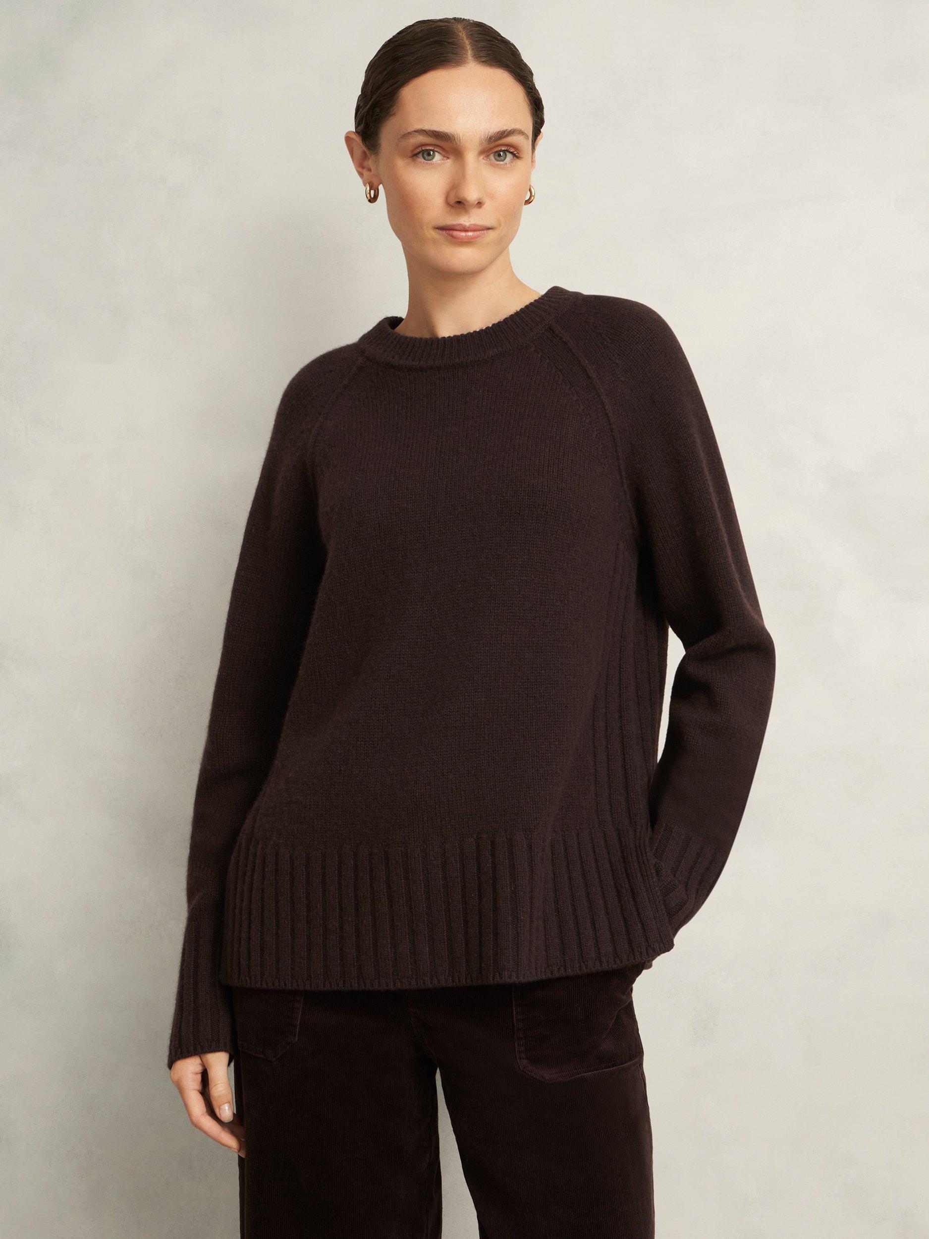 Product image 1 of 6, which shows Hobbs Mali Crew Neck Wool Rich Jumper, Alder Brown, L