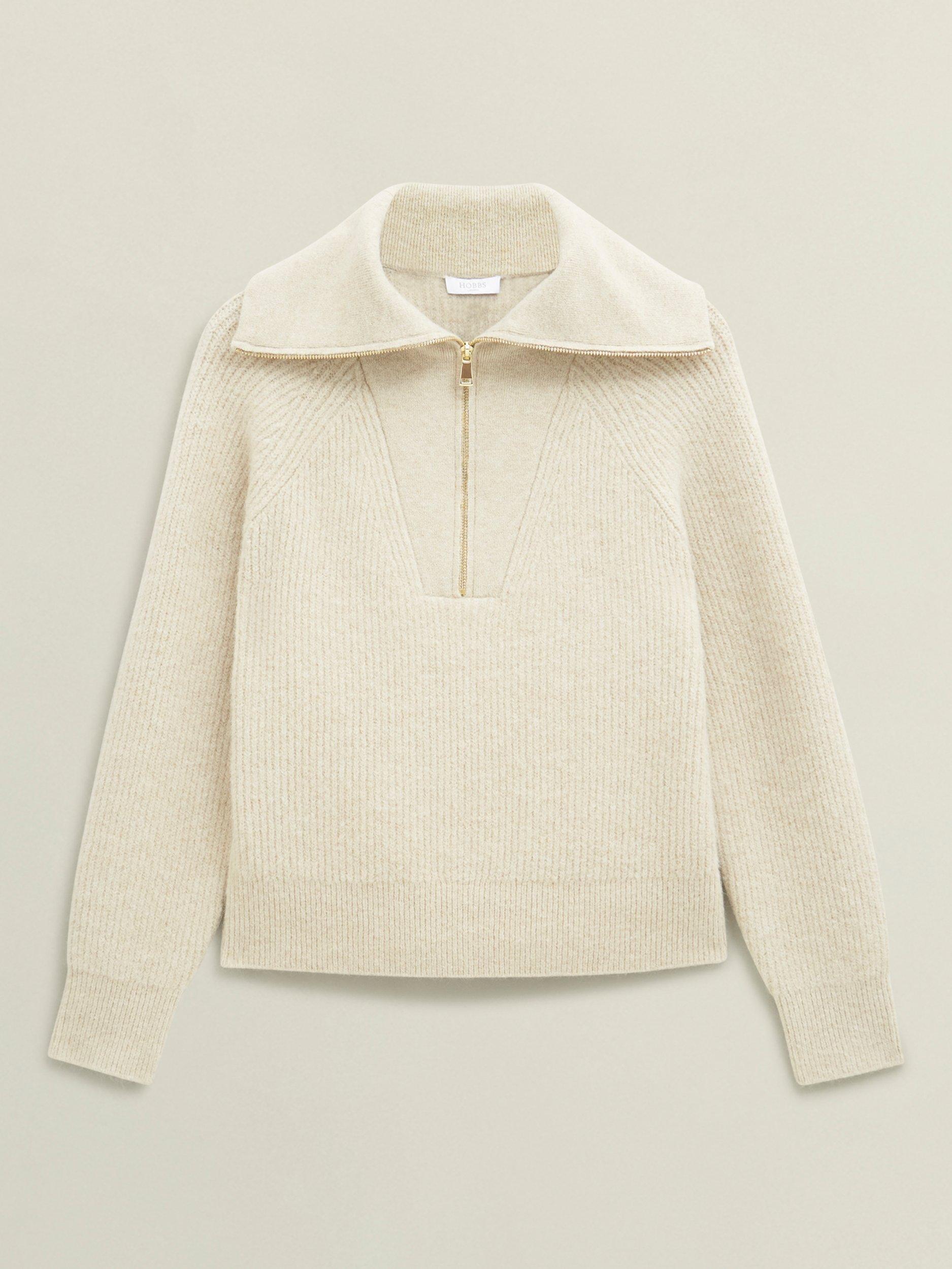 Product image 4 of 5, which shows Hobbs Sandy Zip Neck Jumper, Oatmeal Marl, L