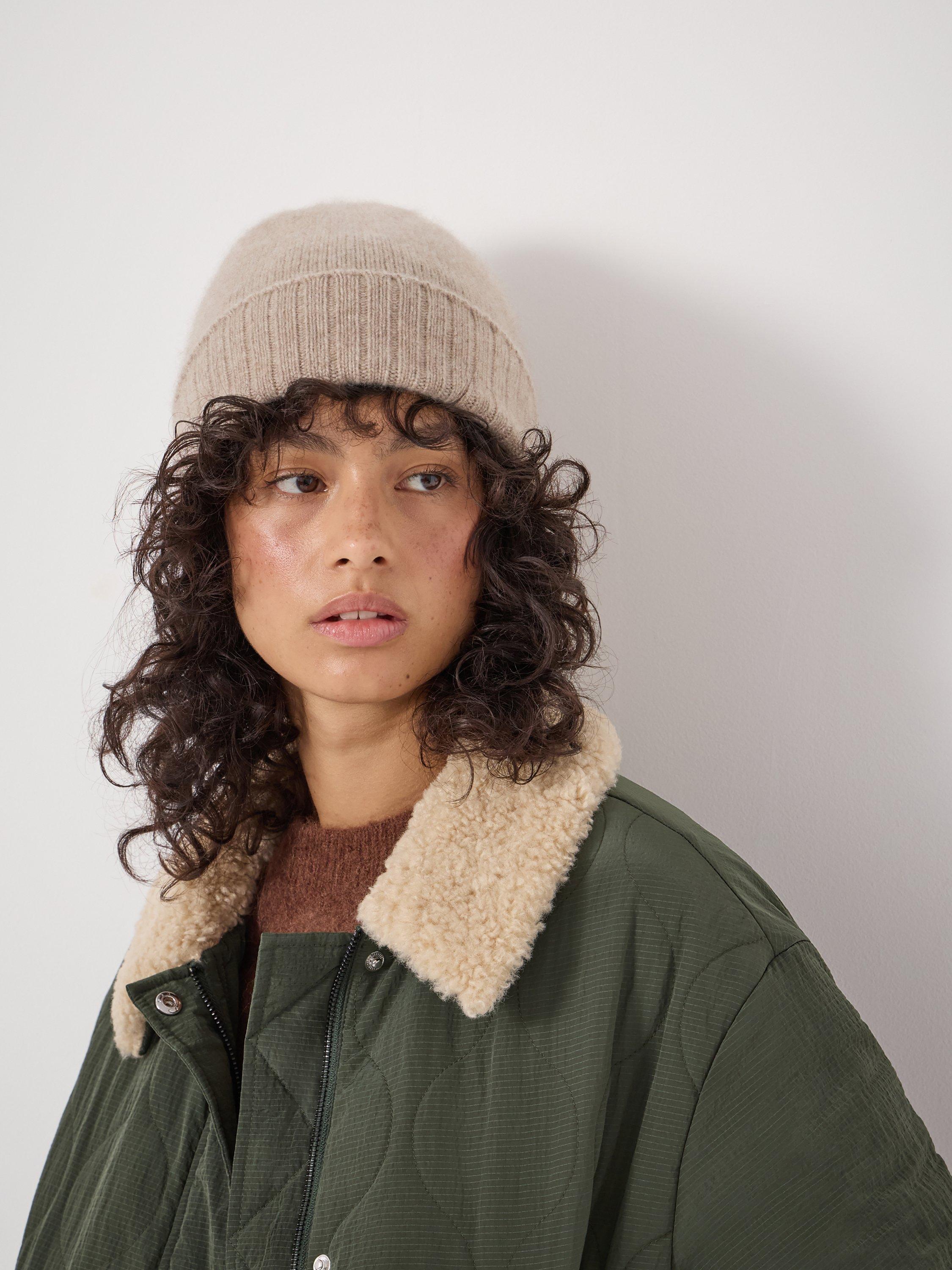 Product image 1 of 3, which shows HUSH Cashmere Beanie Hat, Oatmeal Beige, One Size