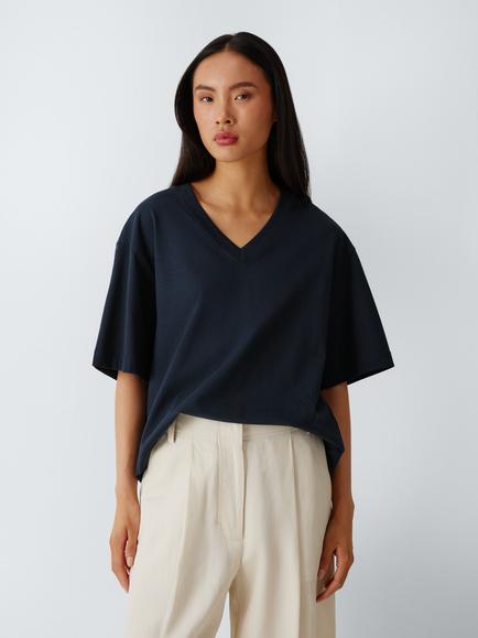 John Lewis Organic Cotton V-Neck Oversized T-Shirt, Navy