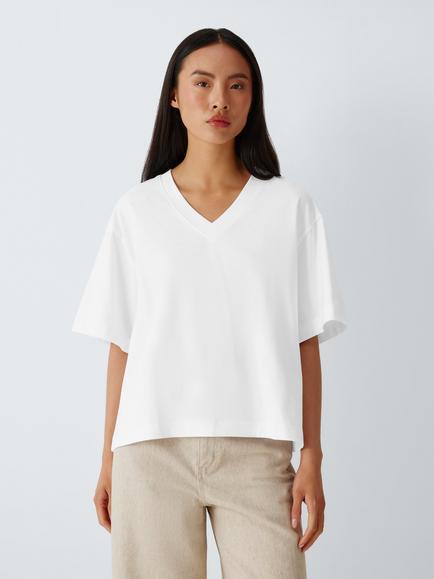 John Lewis Organic Cotton V-Neck Oversized T-Shirt, White