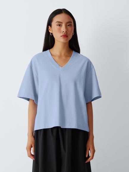 John Lewis Organic Cotton V-Neck Oversized T-Shirt, Light Blue