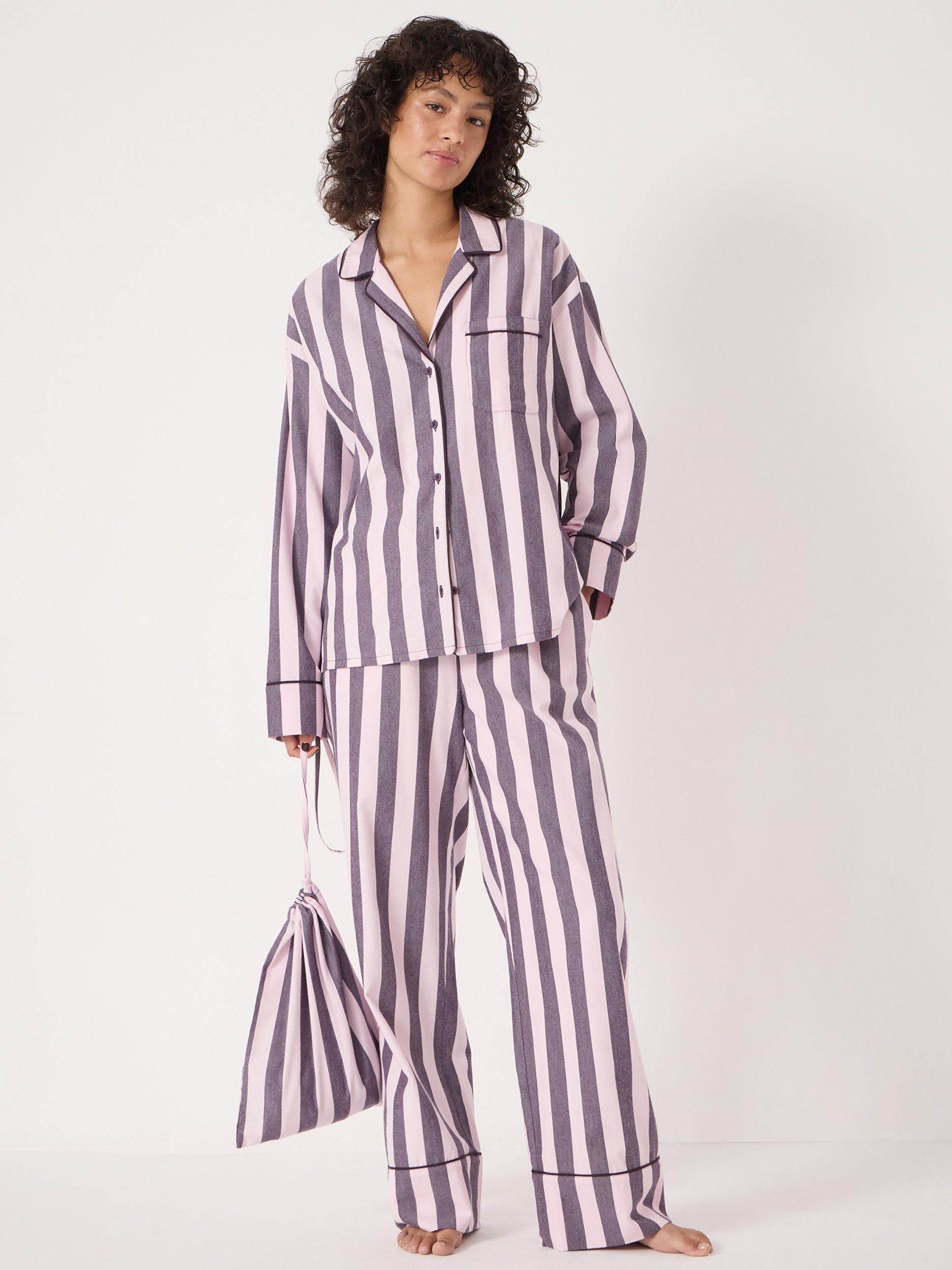 Product image 1 of 6, which shows HUSH Stripe Brushed Cotton Button Through Long Pyjama Set, Purple/Pale Pink, L-XL