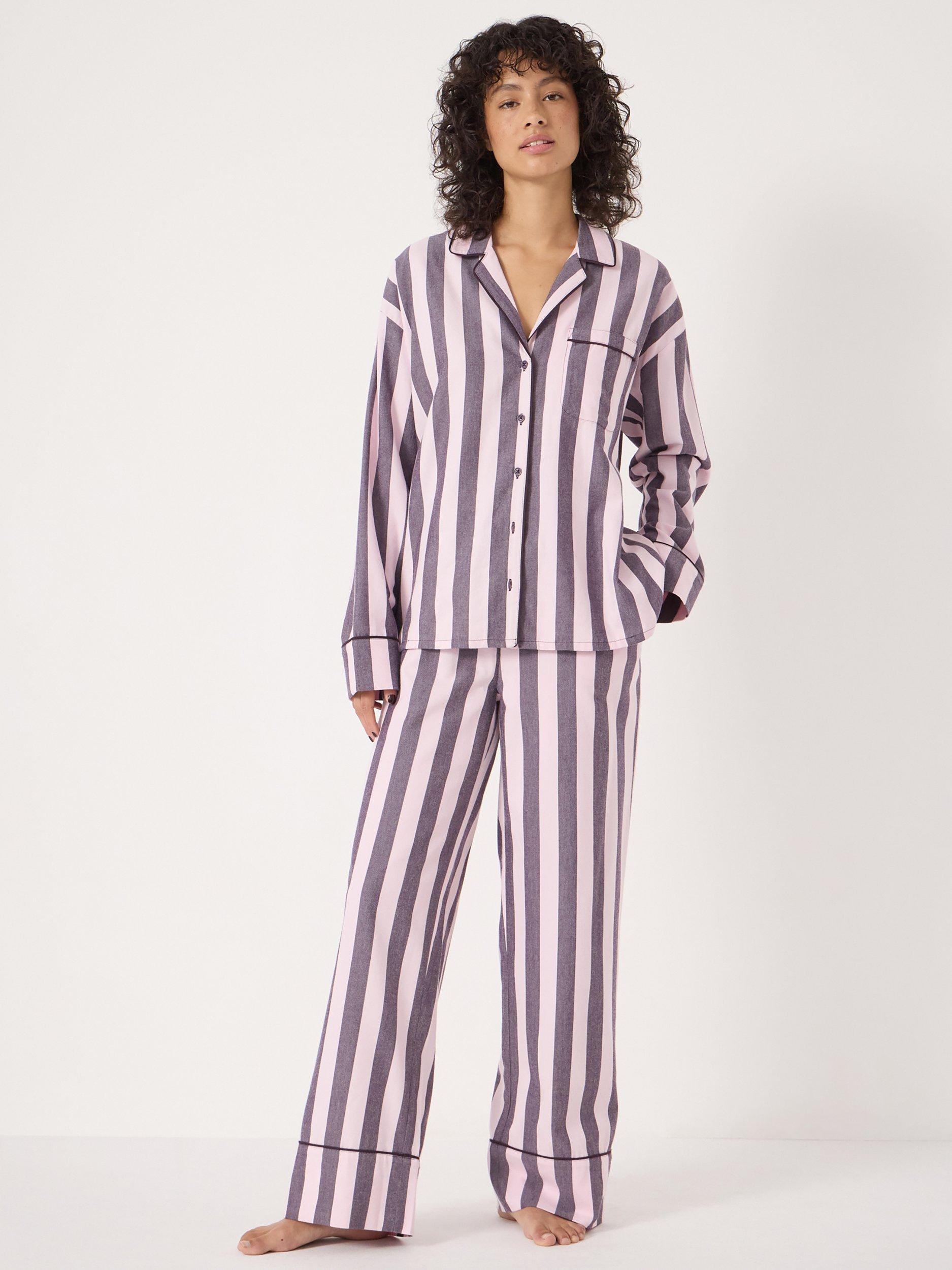 Product image 2 of 6, which shows HUSH Stripe Brushed Cotton Button Through Long Pyjama Set, Purple/Pale Pink, L-XL