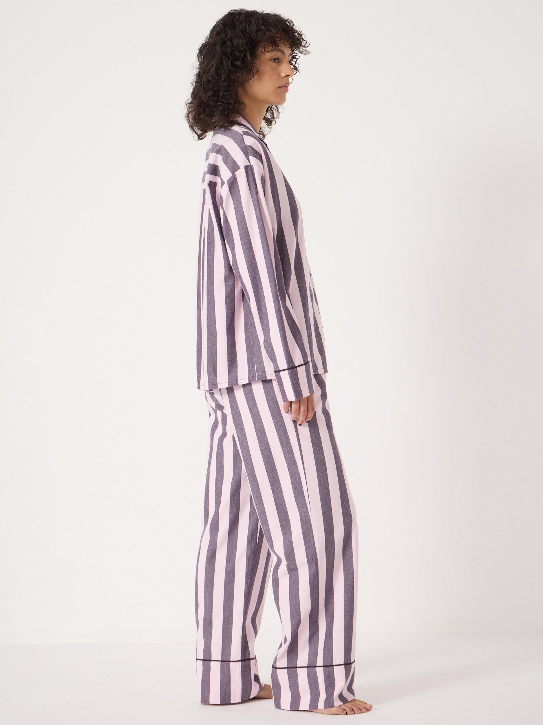 Product image 3 of 6, which shows HUSH Stripe Brushed Cotton Button Through Long Pyjama Set, Purple/Pale Pink, L-XL