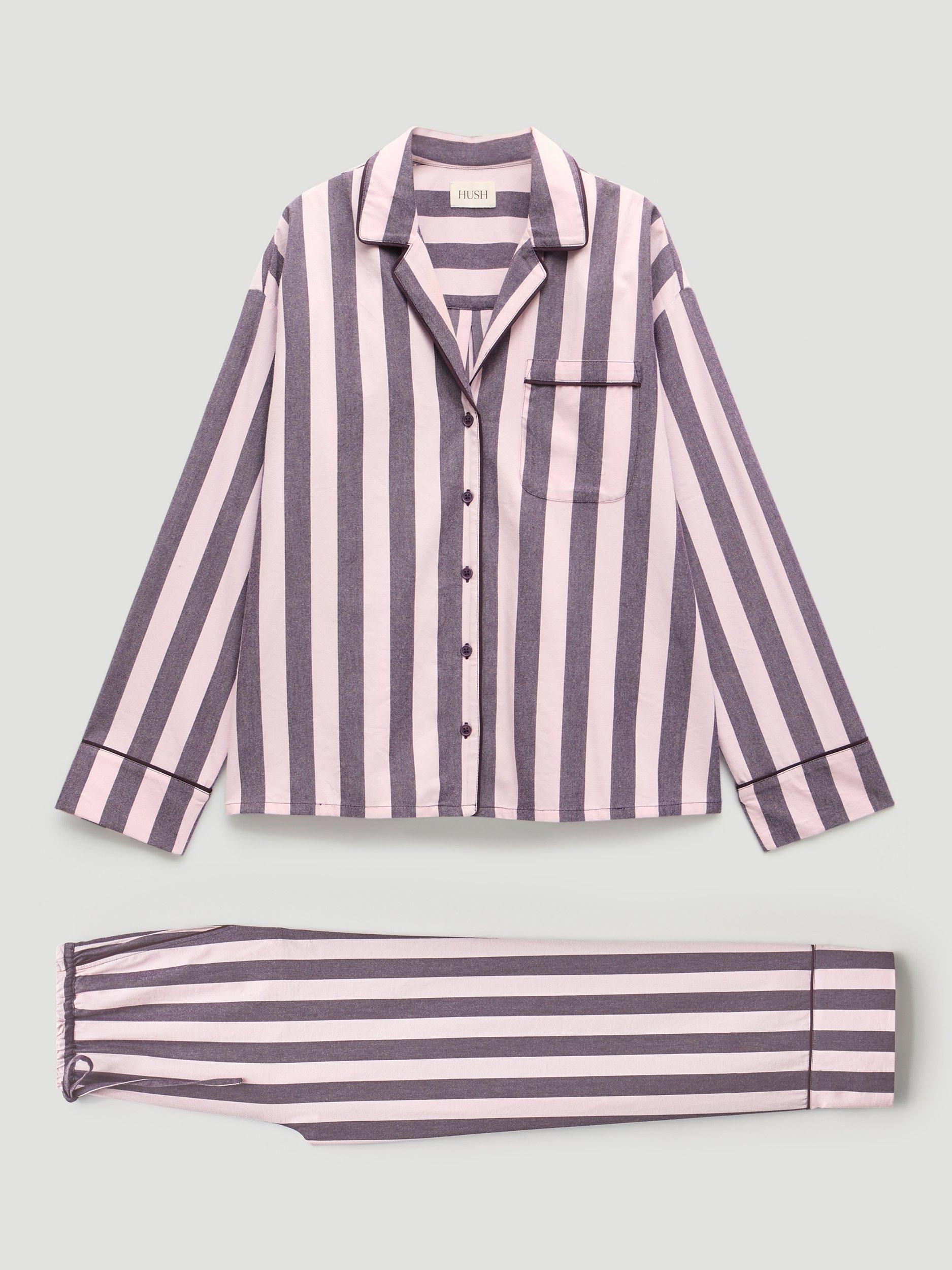 Product image 4 of 6, which shows HUSH Stripe Brushed Cotton Button Through Long Pyjama Set, Purple/Pale Pink, L-XL