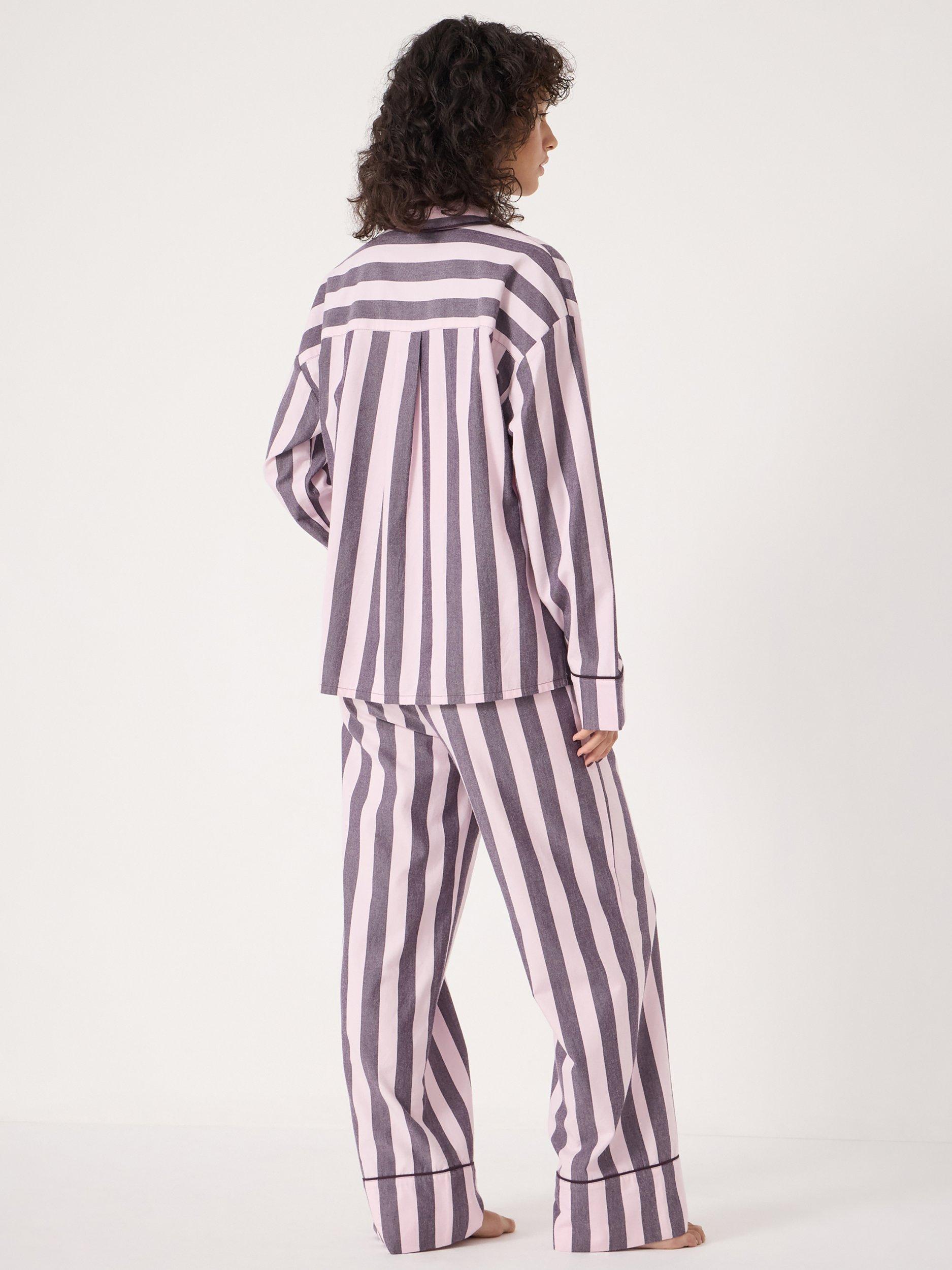 Product image 5 of 6, which shows HUSH Stripe Brushed Cotton Button Through Long Pyjama Set, Purple/Pale Pink, L-XL