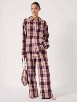 HUSH Check Button Through Long Pyjama Set, Burgundy Red, Burgundy Red