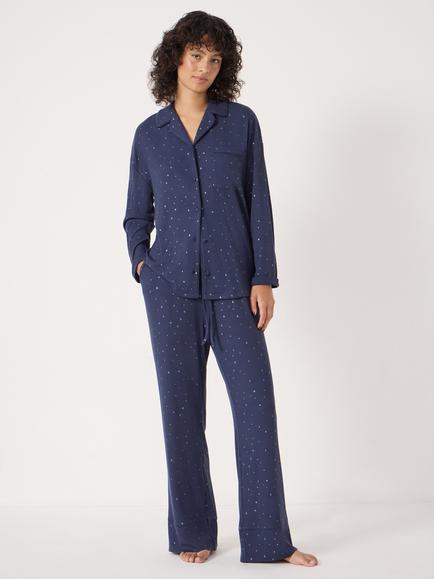 HUSH Stars Button Through Long Pyjama Set, Dark Navy, Dark Navy