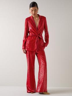 L.K.Bennett Shimmer Sequin Belted Jacket, Red Salsa, Red Salsa