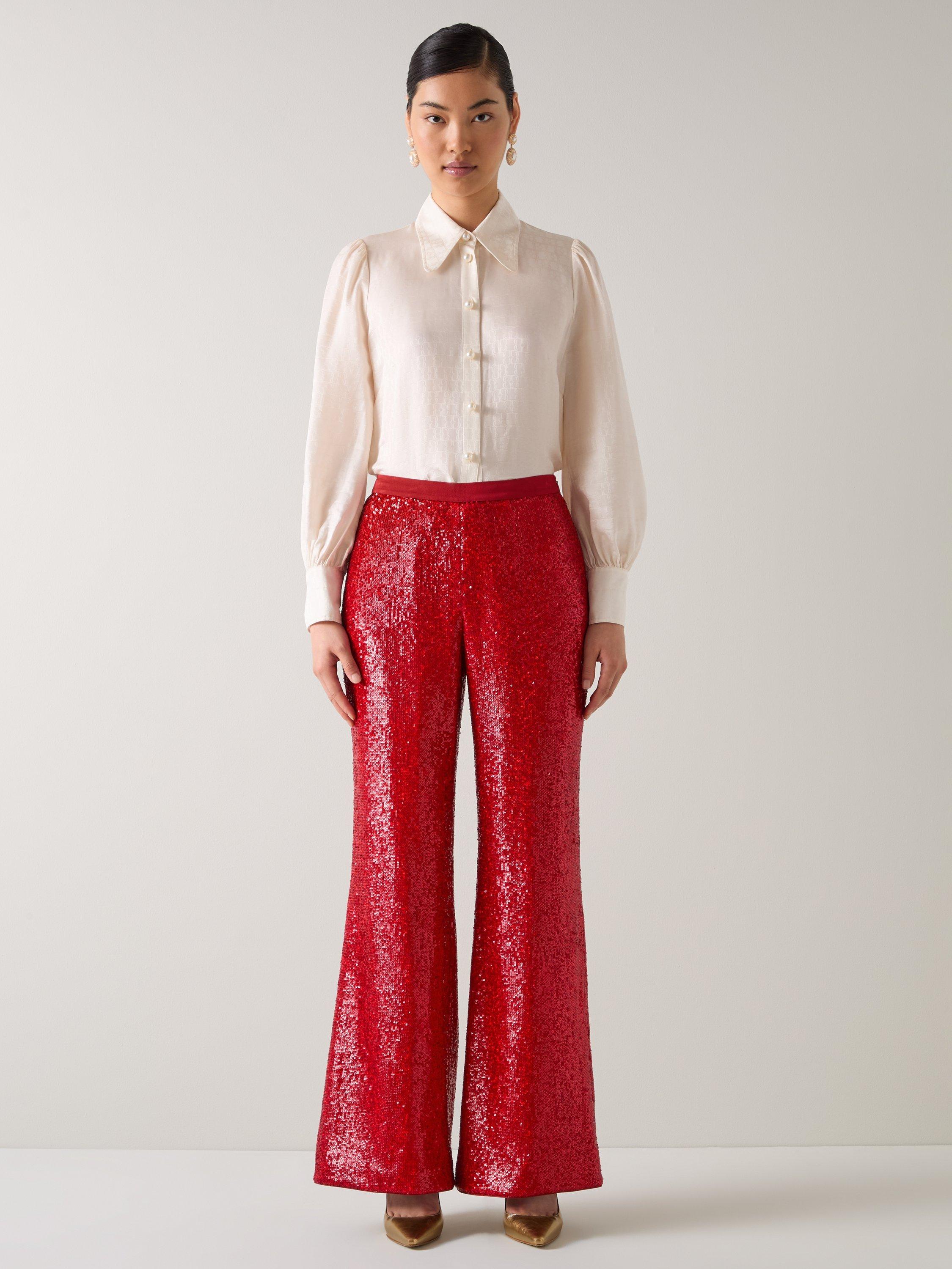 Product image 1 of 4, which shows L.K.Bennett Shimmer Sequin Wide Leg Trousers, Red Salsa, 6