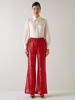 L.K.Bennett Shimmer Sequin Wide Leg Trousers, Red Salsa, Red Salsa