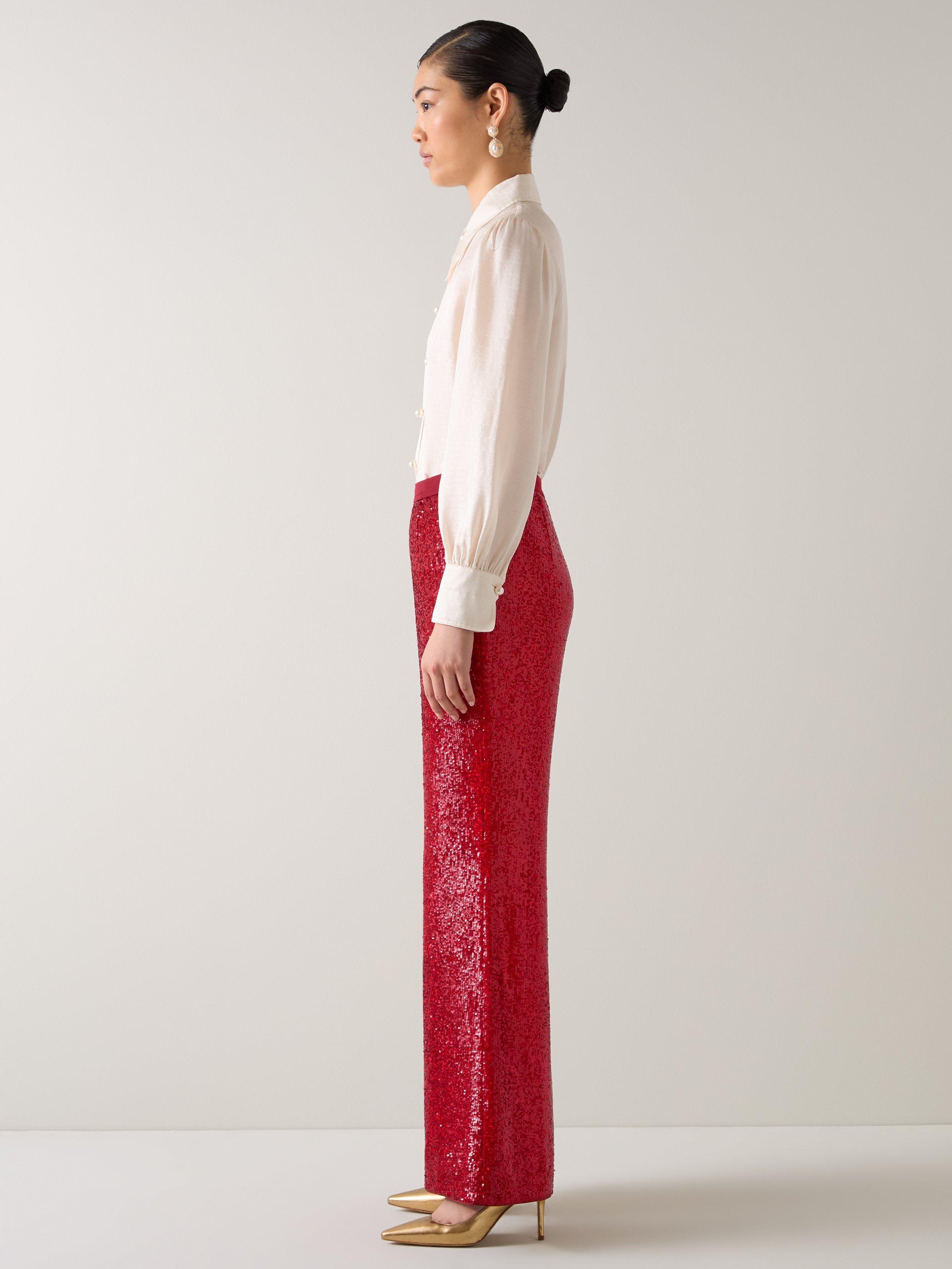 Product image 2 of 4, which shows L.K.Bennett Shimmer Sequin Wide Leg Trousers, Red Salsa, 6