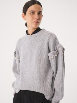 AKYN Yuki Faux Pearl Trim Wool Rich Jumper, Grey Marl - view 2, Grey Marl