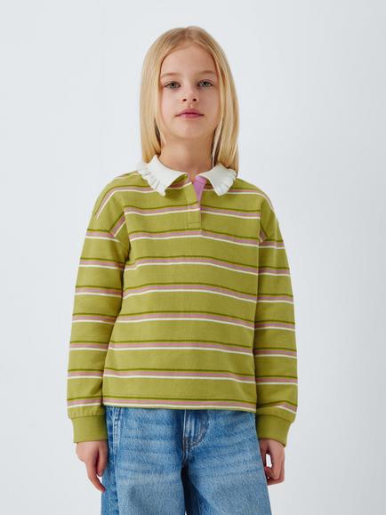 John Lewis Kids' Frill Collar Stripe Rugby Shirt, Green, Cream, Green, Cream