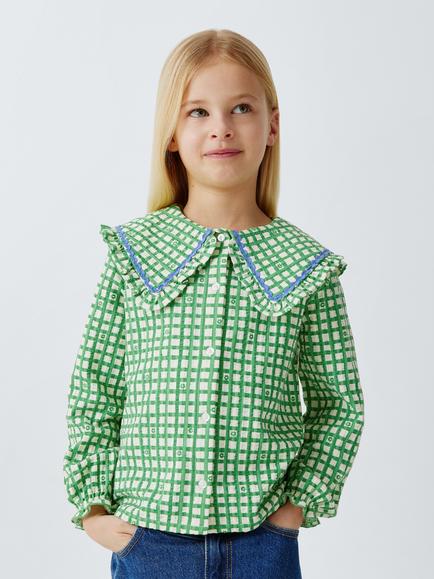 John Lewis Floral Gingham Oversized Collar Shirt, Green, Green
