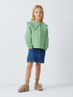 John Lewis Floral Gingham Oversized Collar Shirt, Green - view 2, Green