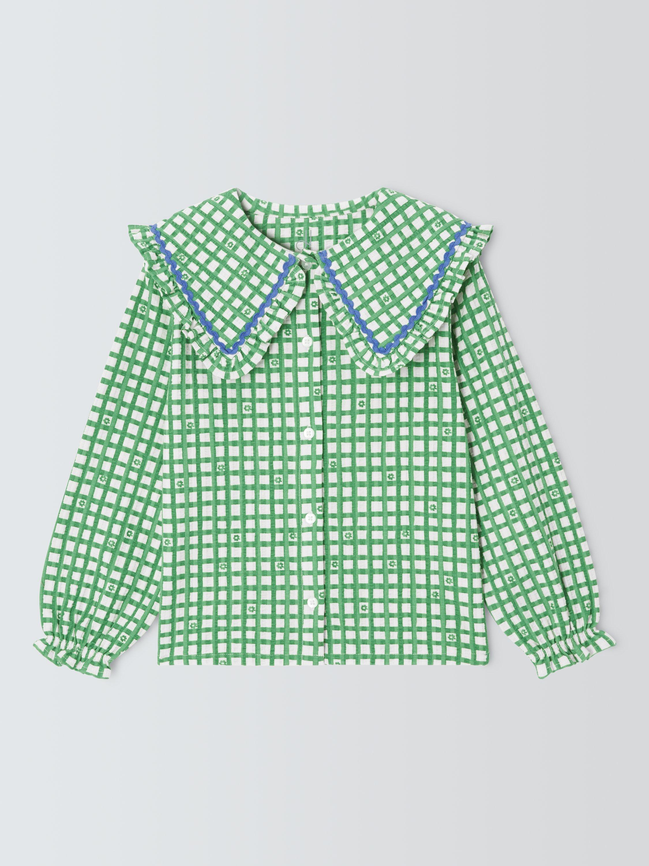 Product image 1 of 3, which shows John Lewis Floral Gingham Oversized Collar Shirt, Green, 3 years
