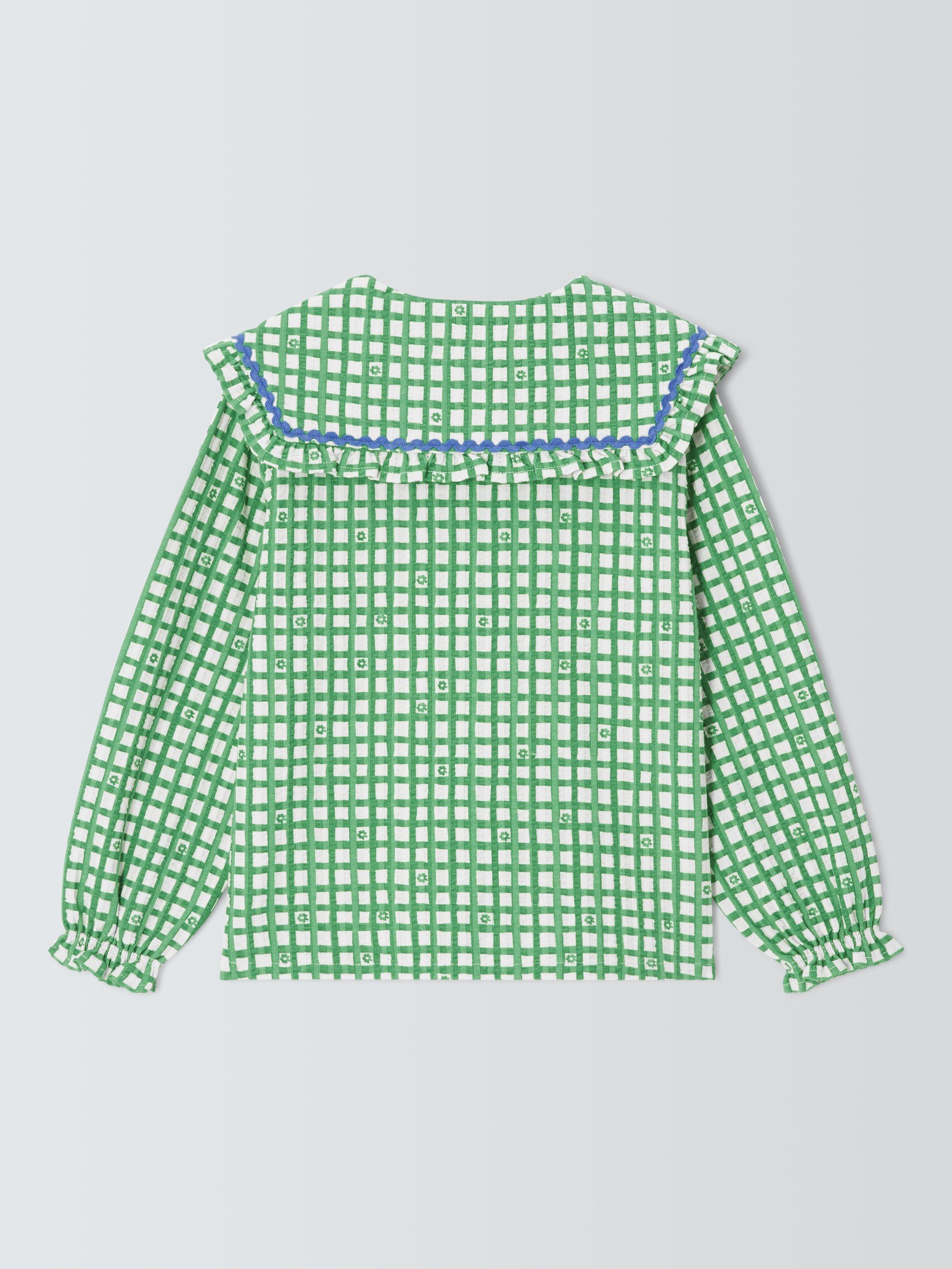 Product image 2 of 3, which shows John Lewis Floral Gingham Oversized Collar Shirt, Green, 3 years